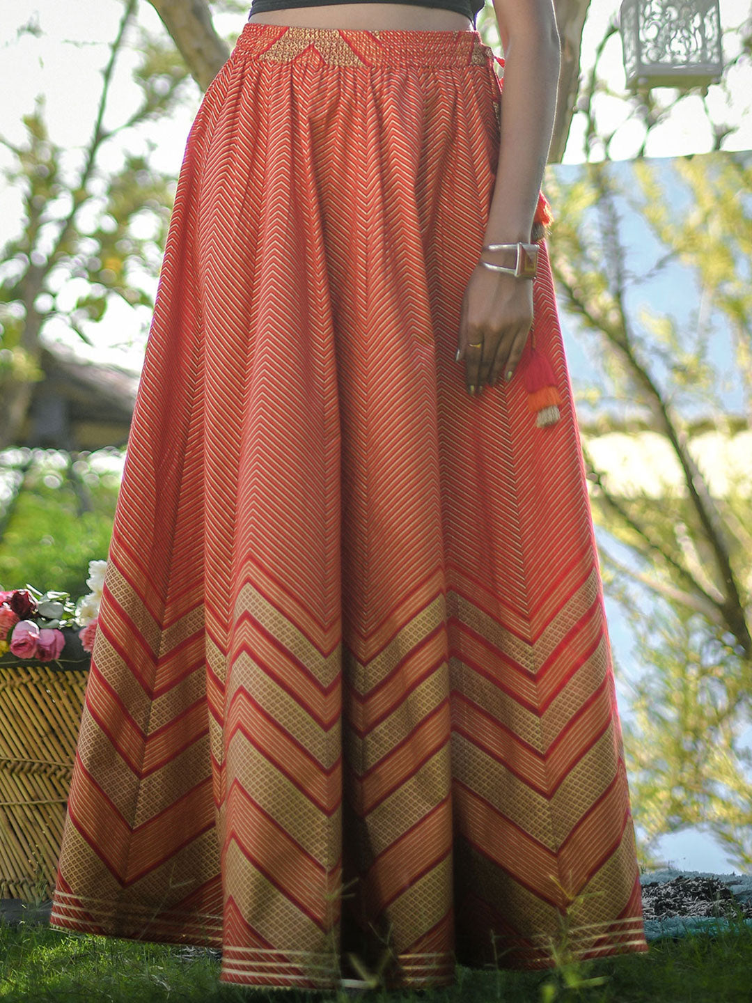 Red Gold Printed Cotton Maxi Flared Skirt