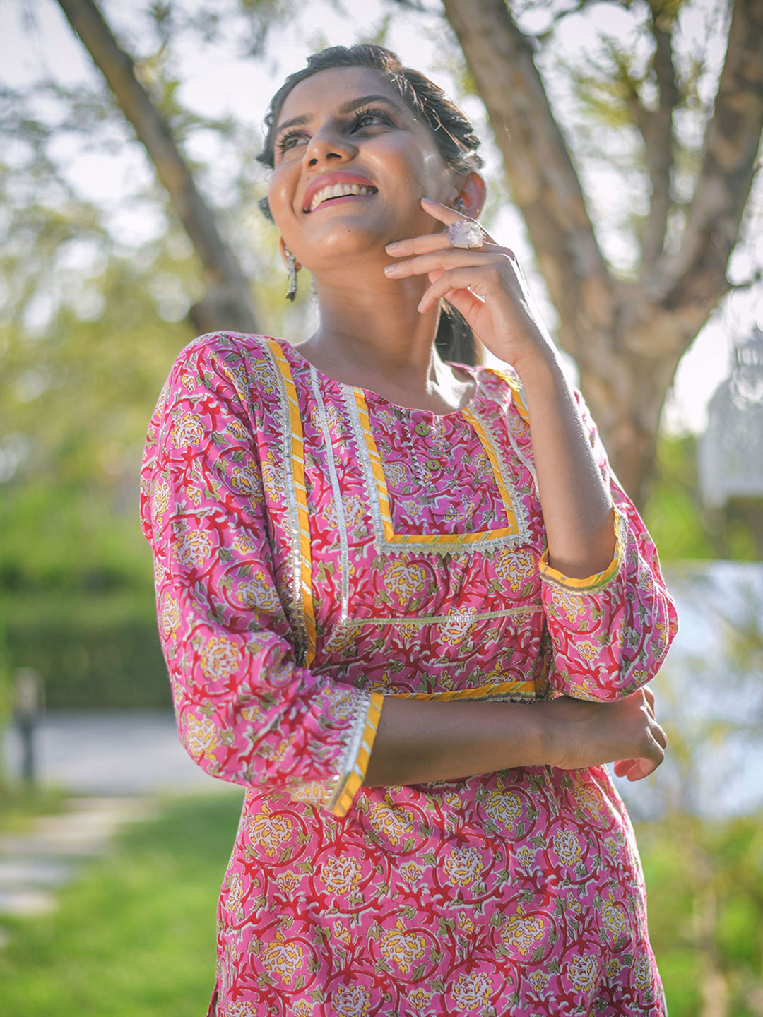 Pink Ethnic Print Straight Cotton Kurta With Palazzos & Dupatta