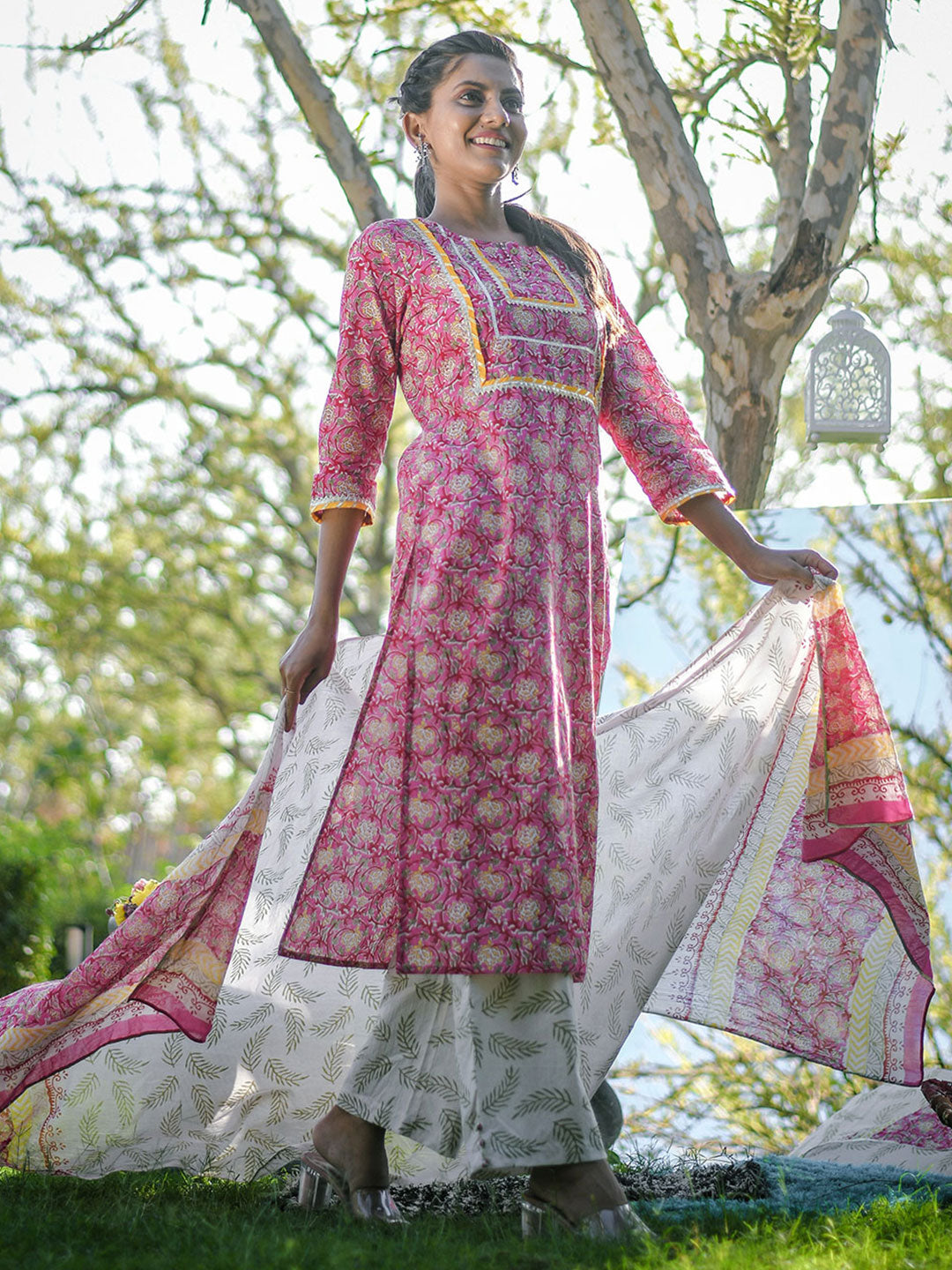 Pink Ethnic Print Straight Cotton Kurta With Palazzos & Dupatta
