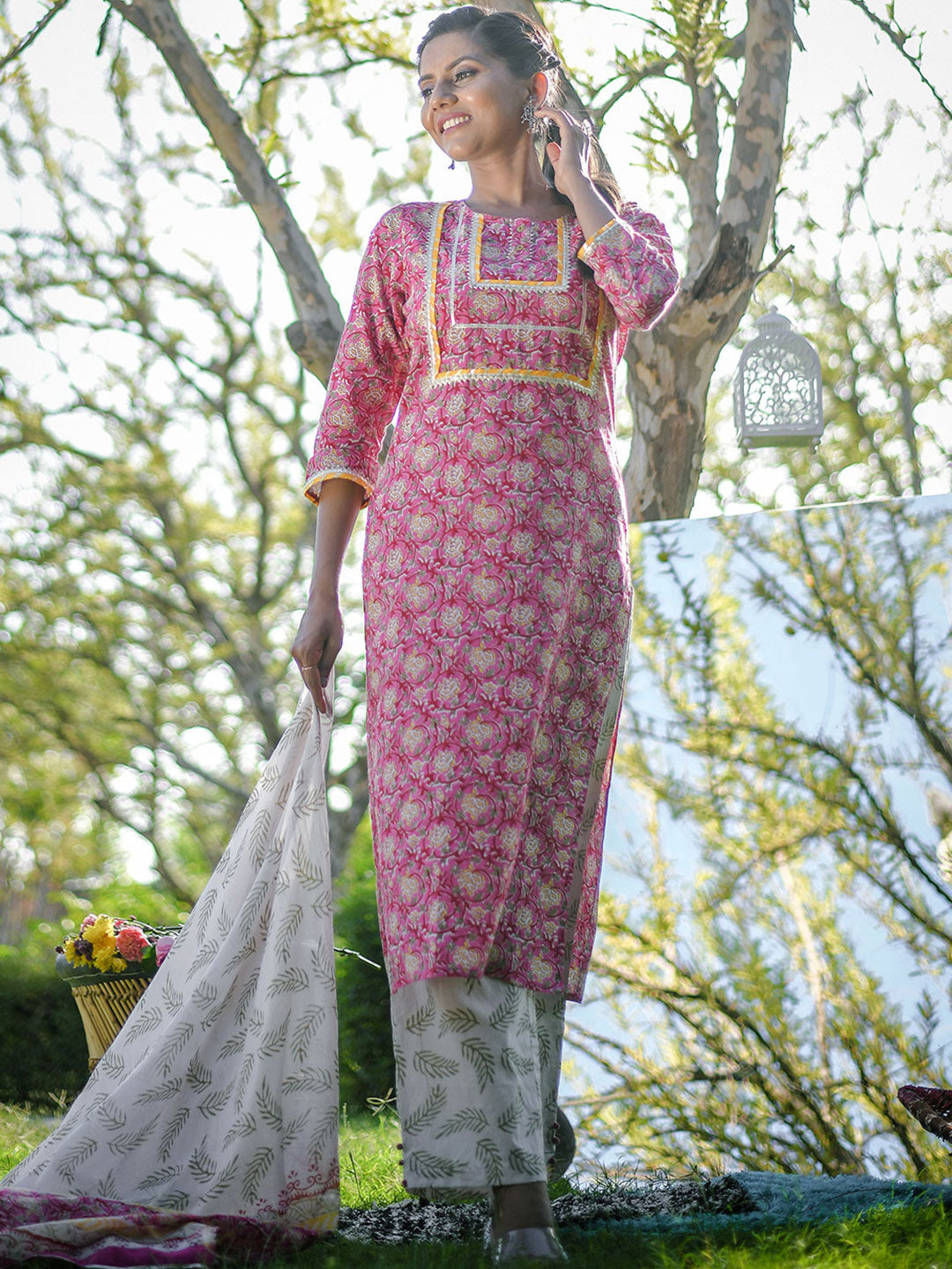 Pink Ethnic Print Straight Cotton Kurta With Palazzos & Dupatta