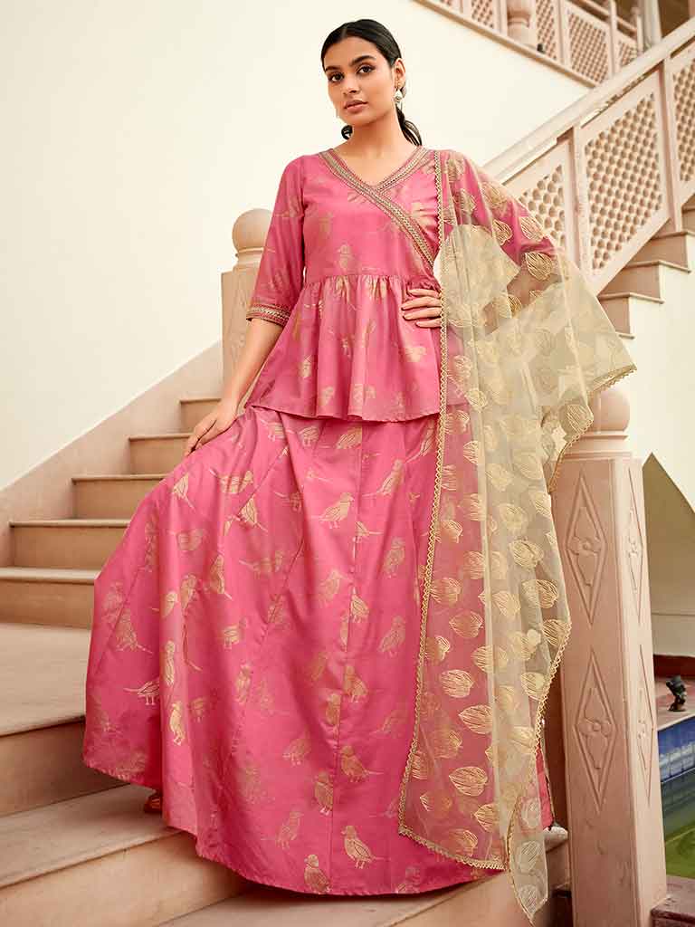 Peach Color Bird Printed Silk Blend Peplum Top And Skirt With A Gold Print Net Dupatta