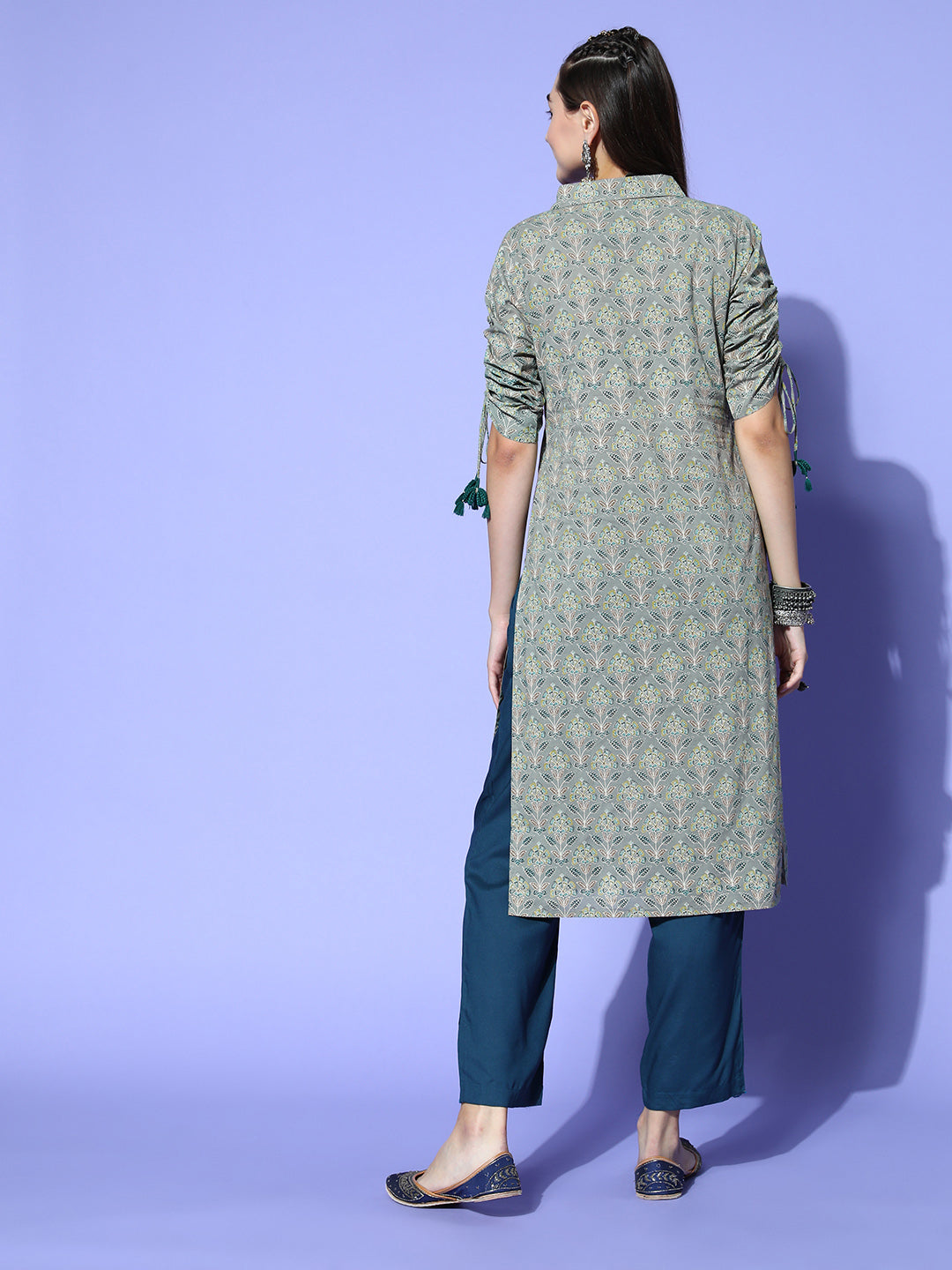 Grey Cotton Printed Shirt Style Kurta With Tasseled Three-Fourth Pull Up Sleeves