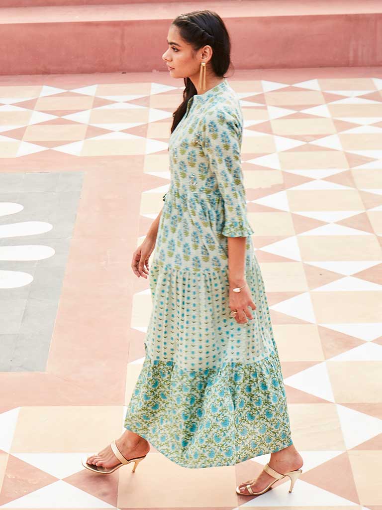 Green Color Cotton Embellished Floral Block Printed Dress With Three-Fourth Sleeves