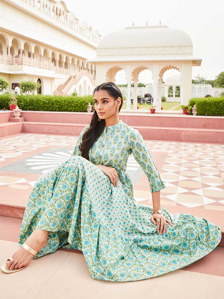 Green Color Cotton Embellished Floral Block Printed Dress With Three-Fourth Sleeves