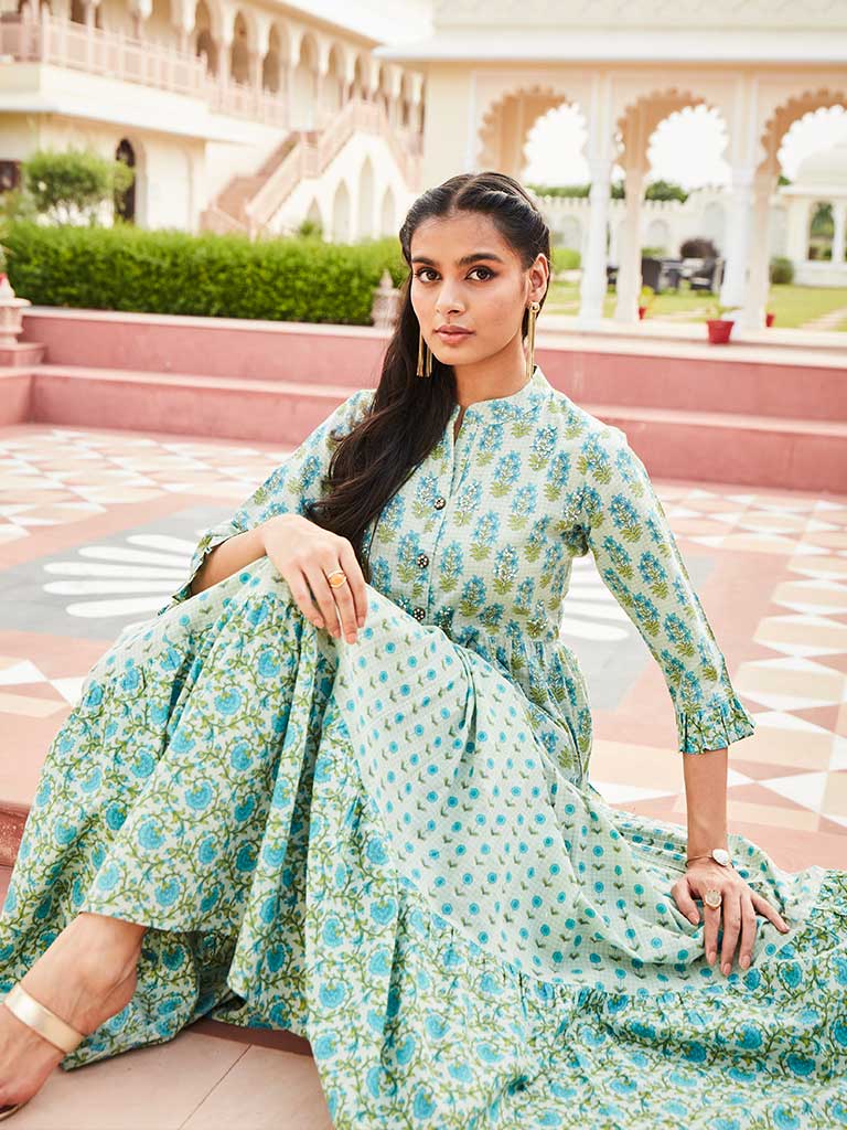 Green Color Cotton Embellished Floral Block Printed Dress With Three-Fourth Sleeves