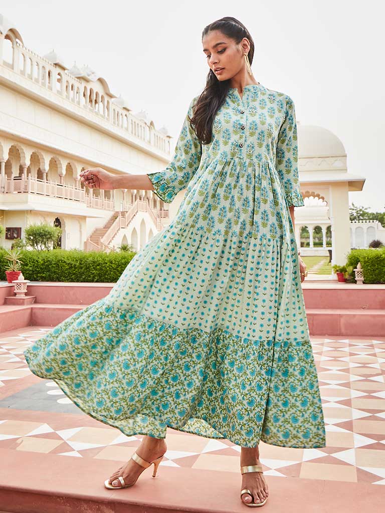 Green Color Cotton Embellished Floral Block Printed Dress With Three-Fourth Sleeves
