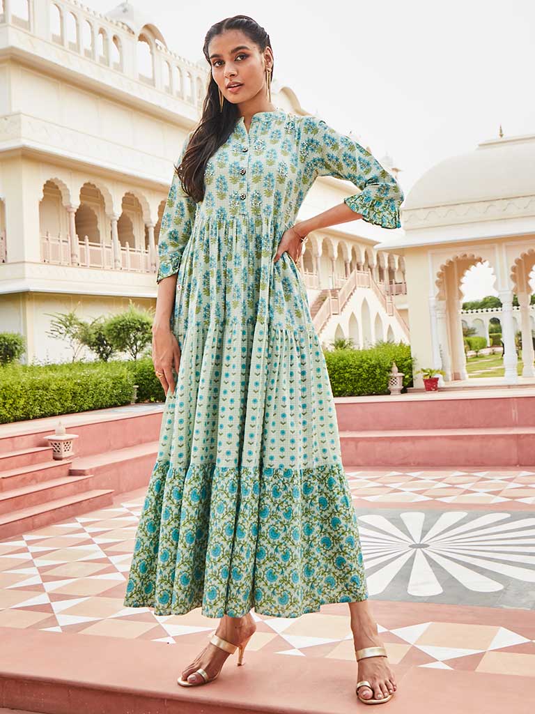 Green Color Cotton Embellished Floral Block Printed Dress With Three-Fourth Sleeves