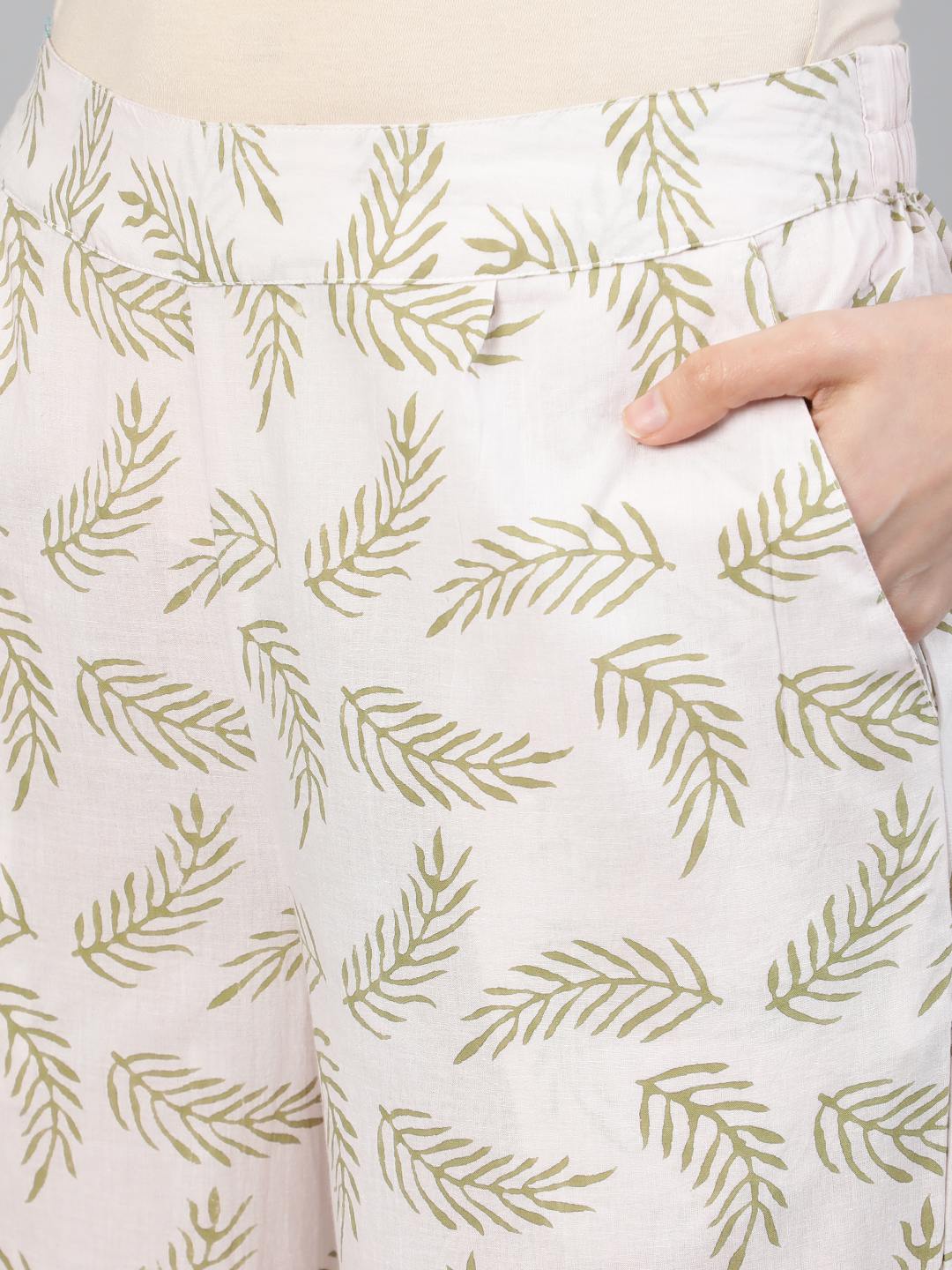 Pink Ethnic Print Straight Cotton Kurta With Palazzos & Dupatta