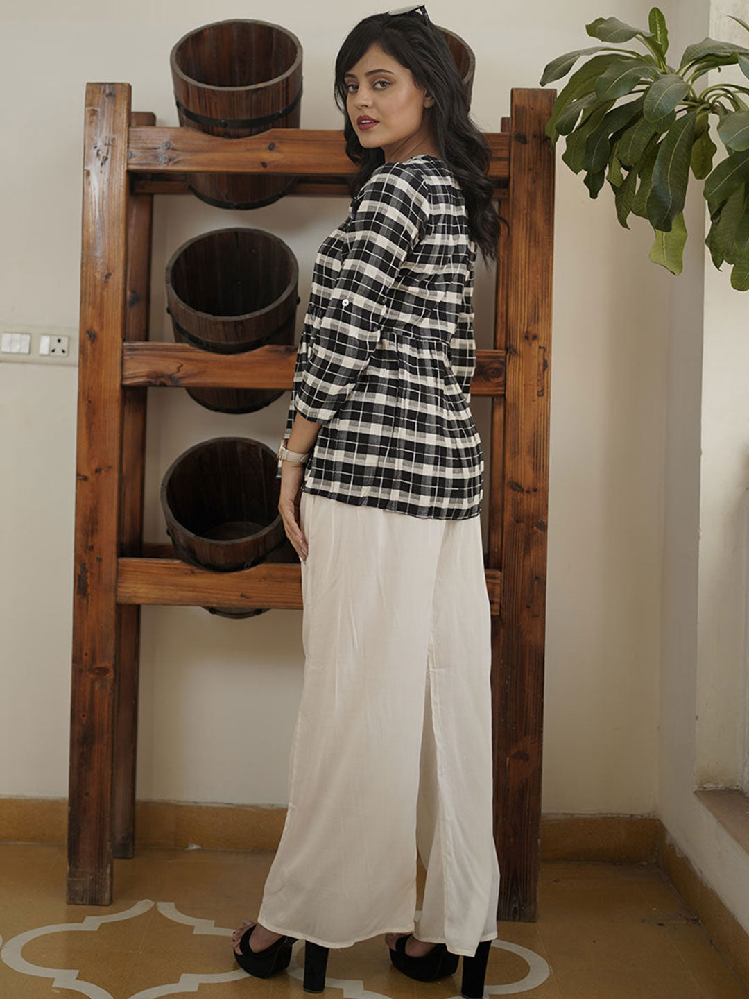 Checked Cotton Shirt With Gathered Detail