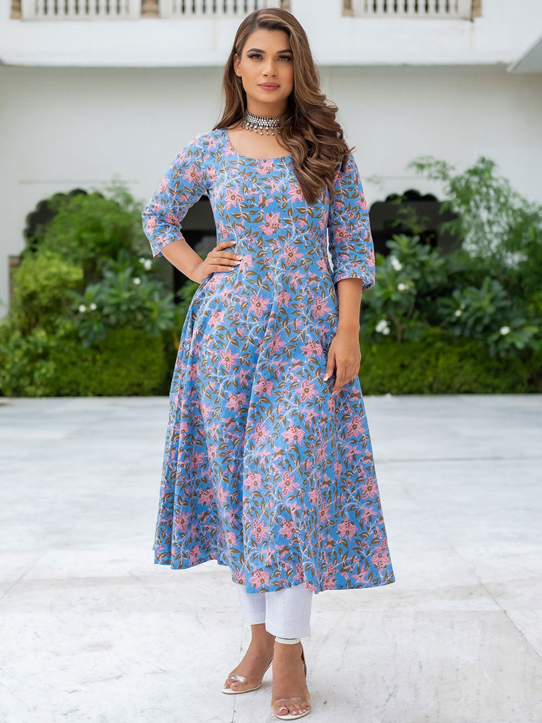 Blue Ethnic Printed Flared Long Cotton Kurta