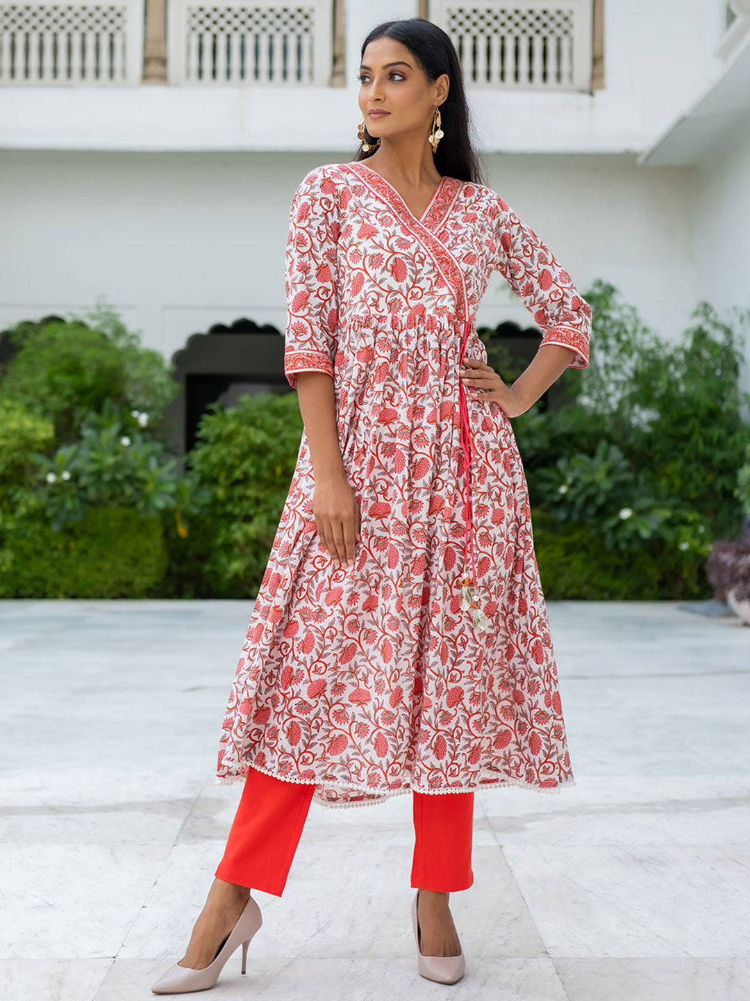 White Angrakha Styled Ethnic Print Cotton Kurta