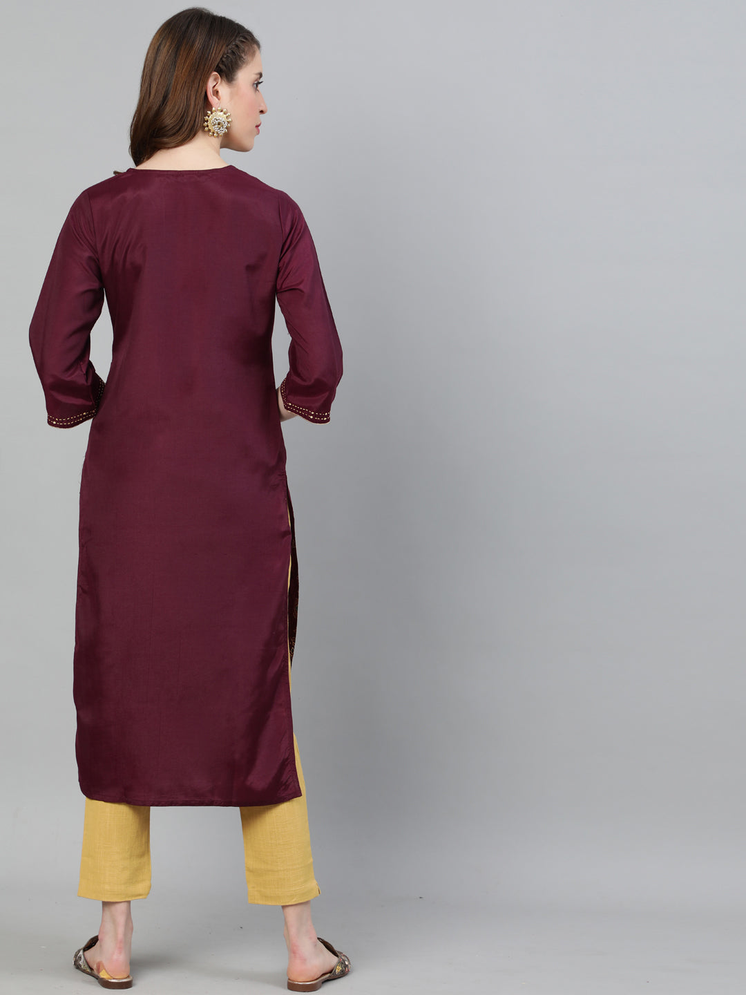Burgundy Print Straight Embroidered Kurta