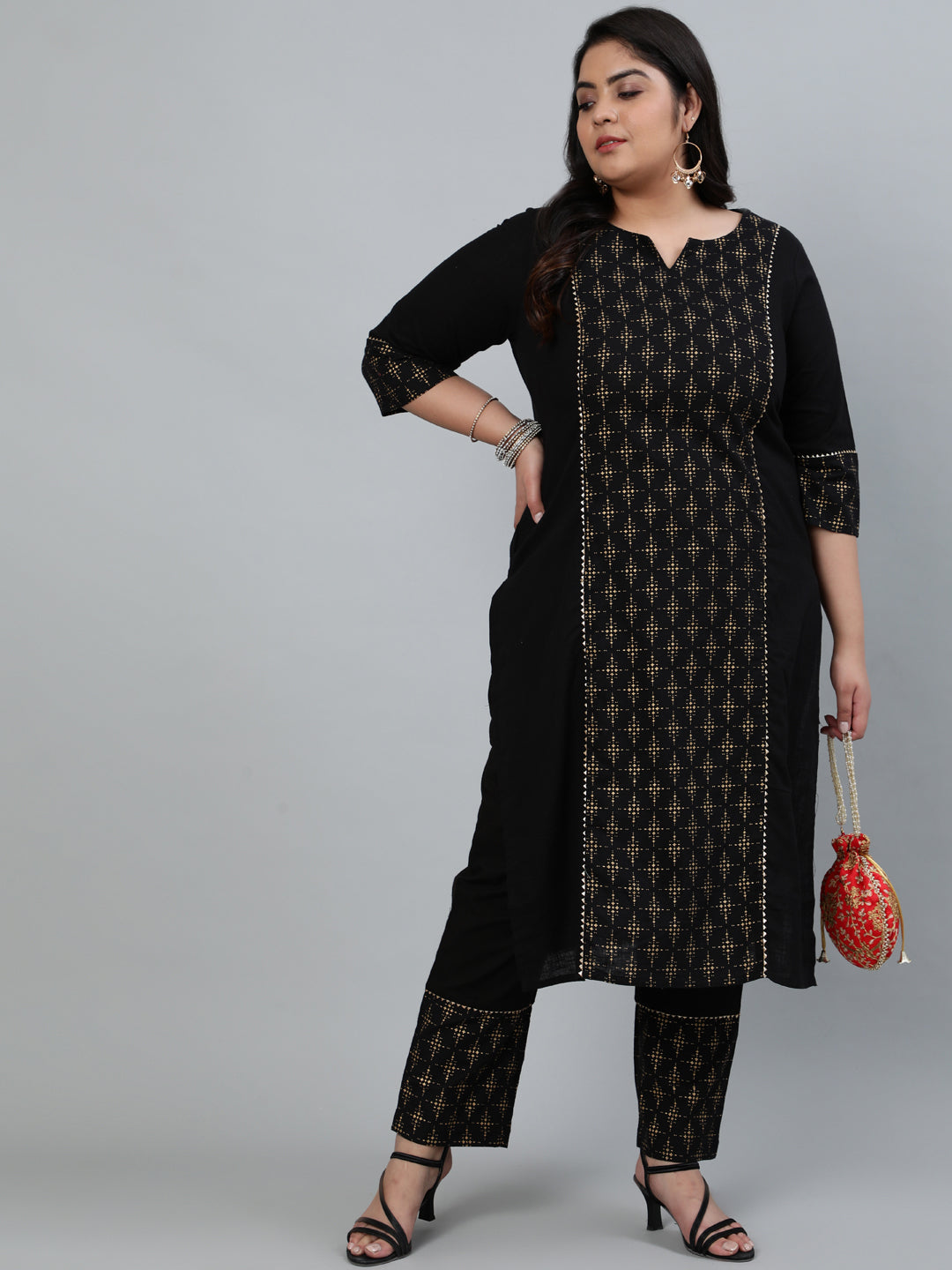 Black & Gold Printed Straight Cotton Blend Kurta With Pants