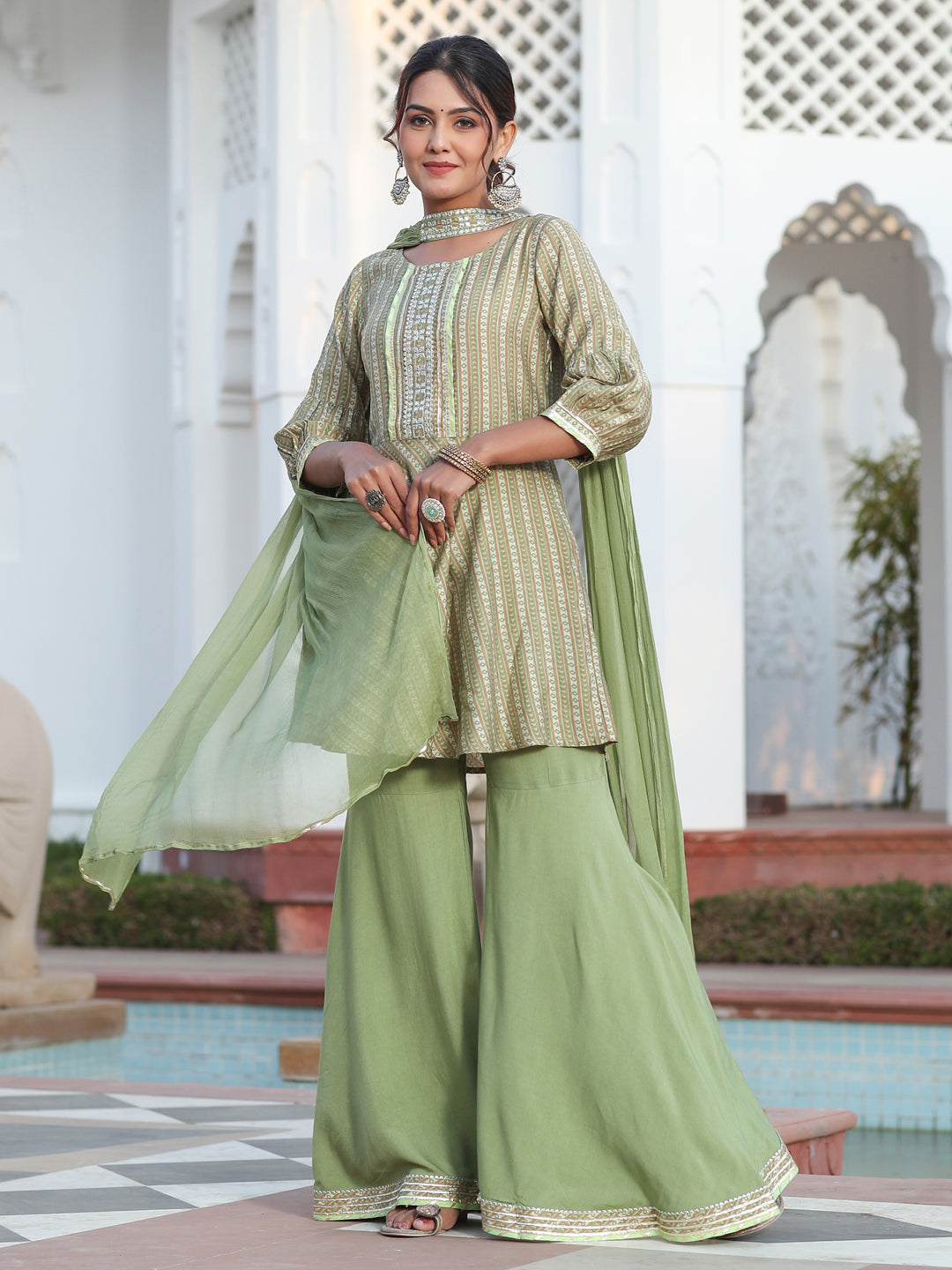 Embroidered Green Chanderi Printed Peplum Top With Flared Palazzo And Chiffon Dupatta