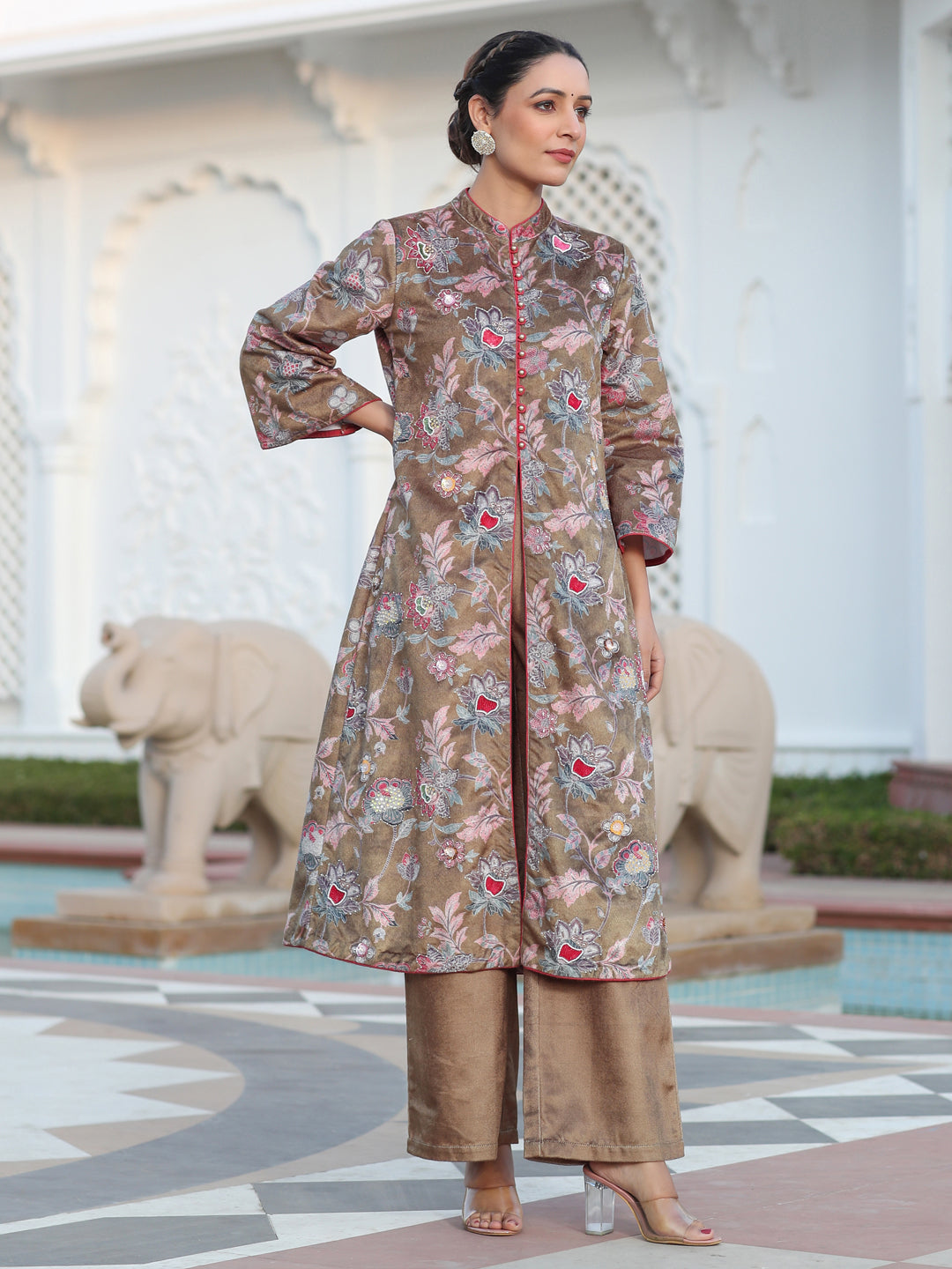 Beige Printed Embroidered Velvet Straight Kurta Paired With Solid Velvet Palazzo