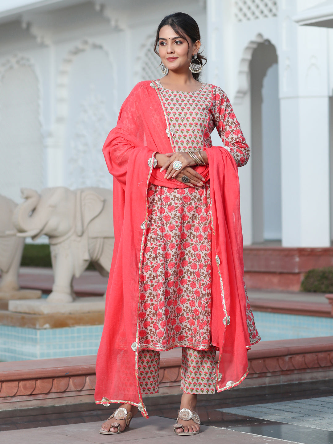 A Peach Printed Cotton Embellished Anarkali Suit With Pants And Crushed Cotton Dupatta