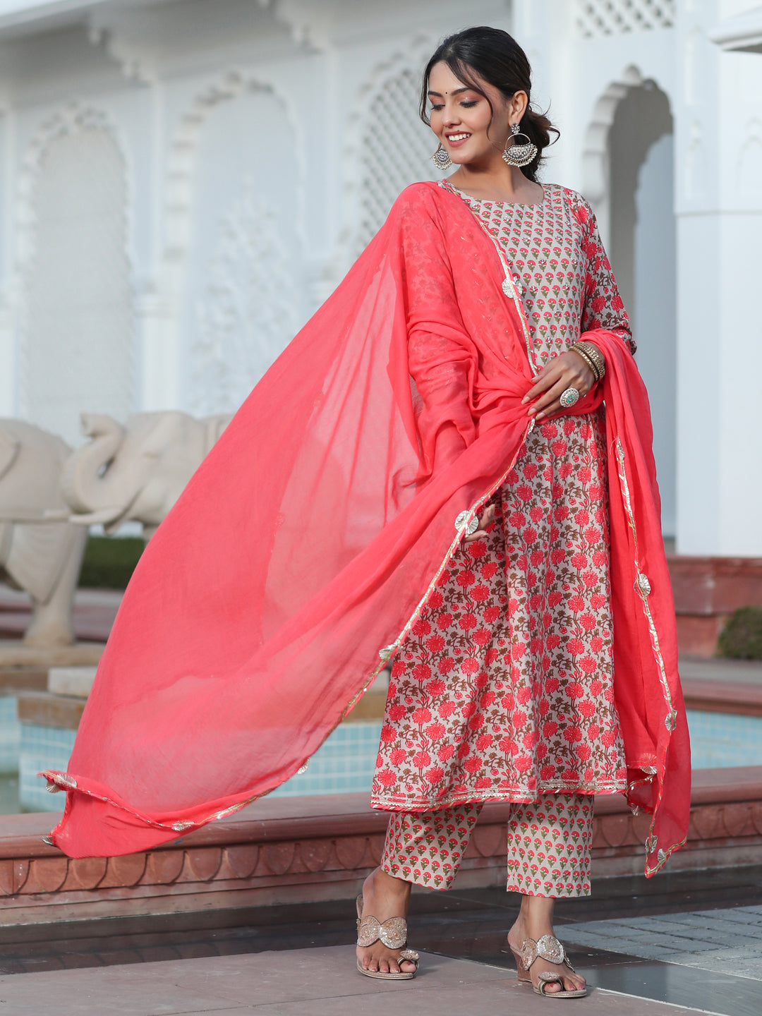 A Peach Printed Cotton Embellished Anarkali Suit With Pants And Crushed Cotton Dupatta