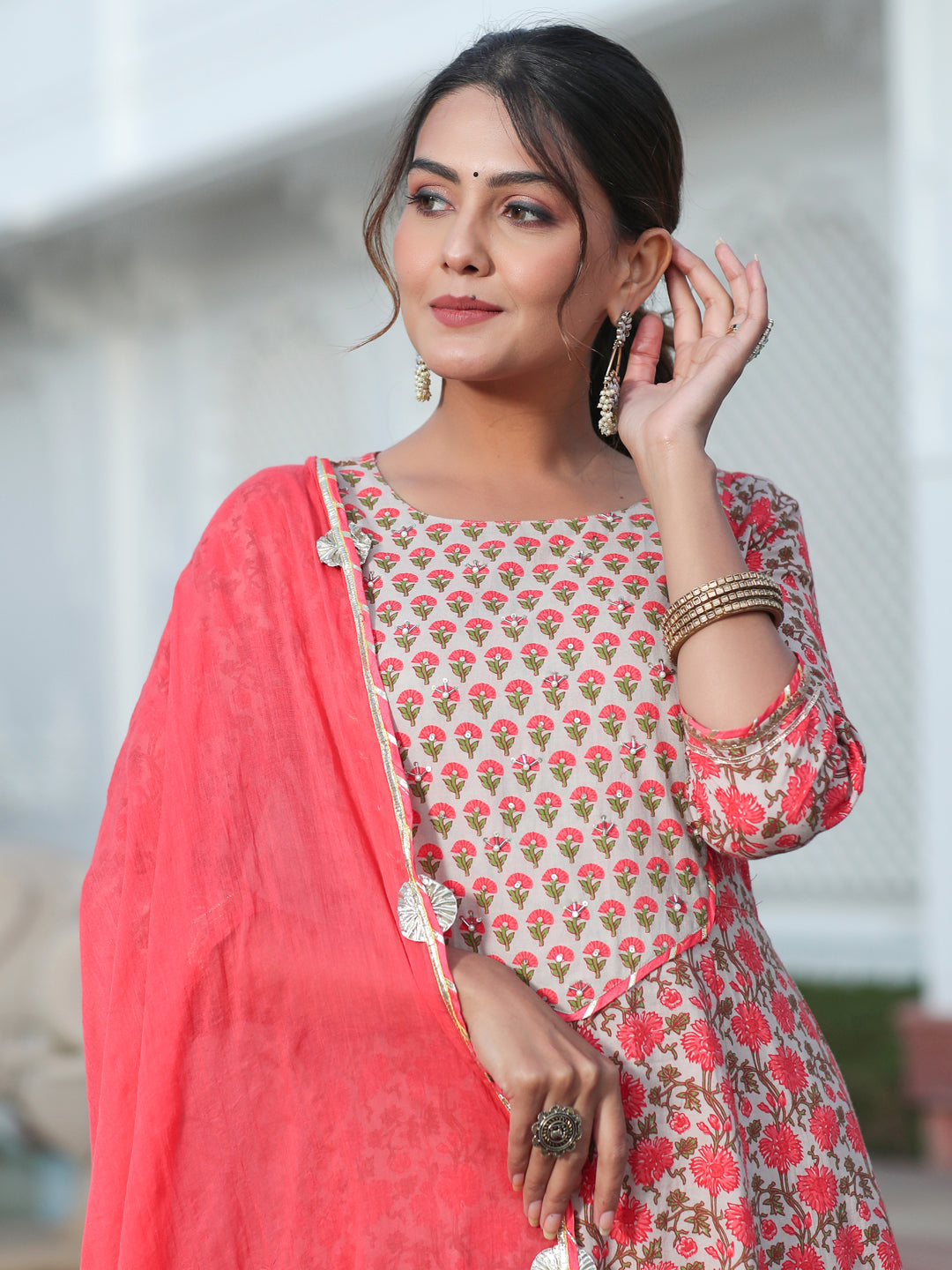 A Peach Printed Cotton Embellished Anarkali Suit With Pants And Crushed Cotton Dupatta