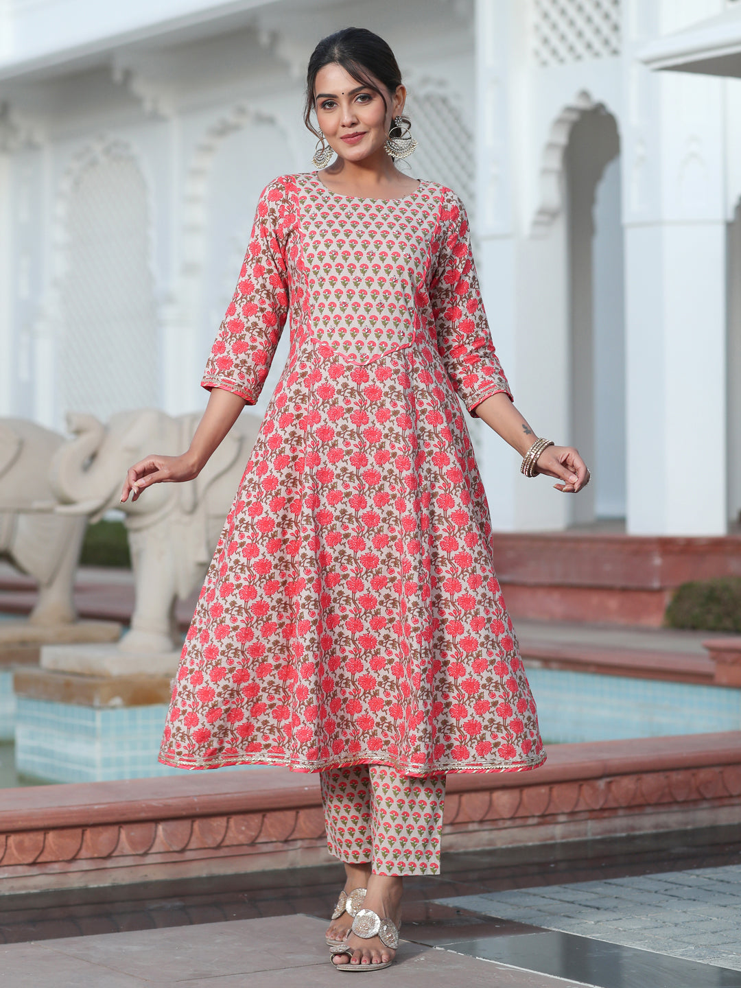 A Peach Printed Cotton Embellished Anarkali Suit With Pants And Crushed Cotton Dupatta