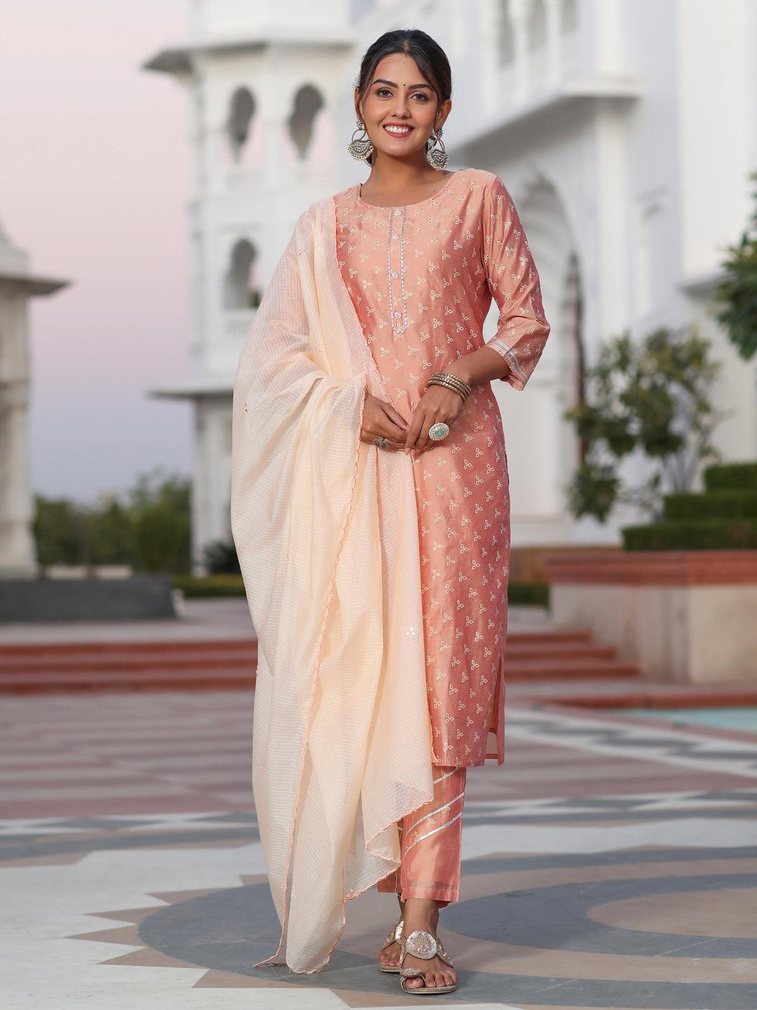 Embossed Gold Print Embellished Chanderi Kurta With Trousers And Kota Tissue Dupatta