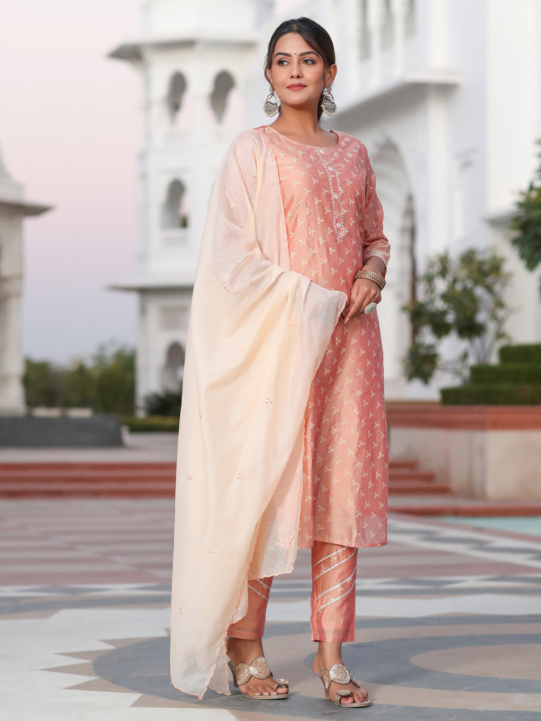 Embossed Gold Print Embellished Chanderi Kurta With Trousers And Kota Tissue Dupatta