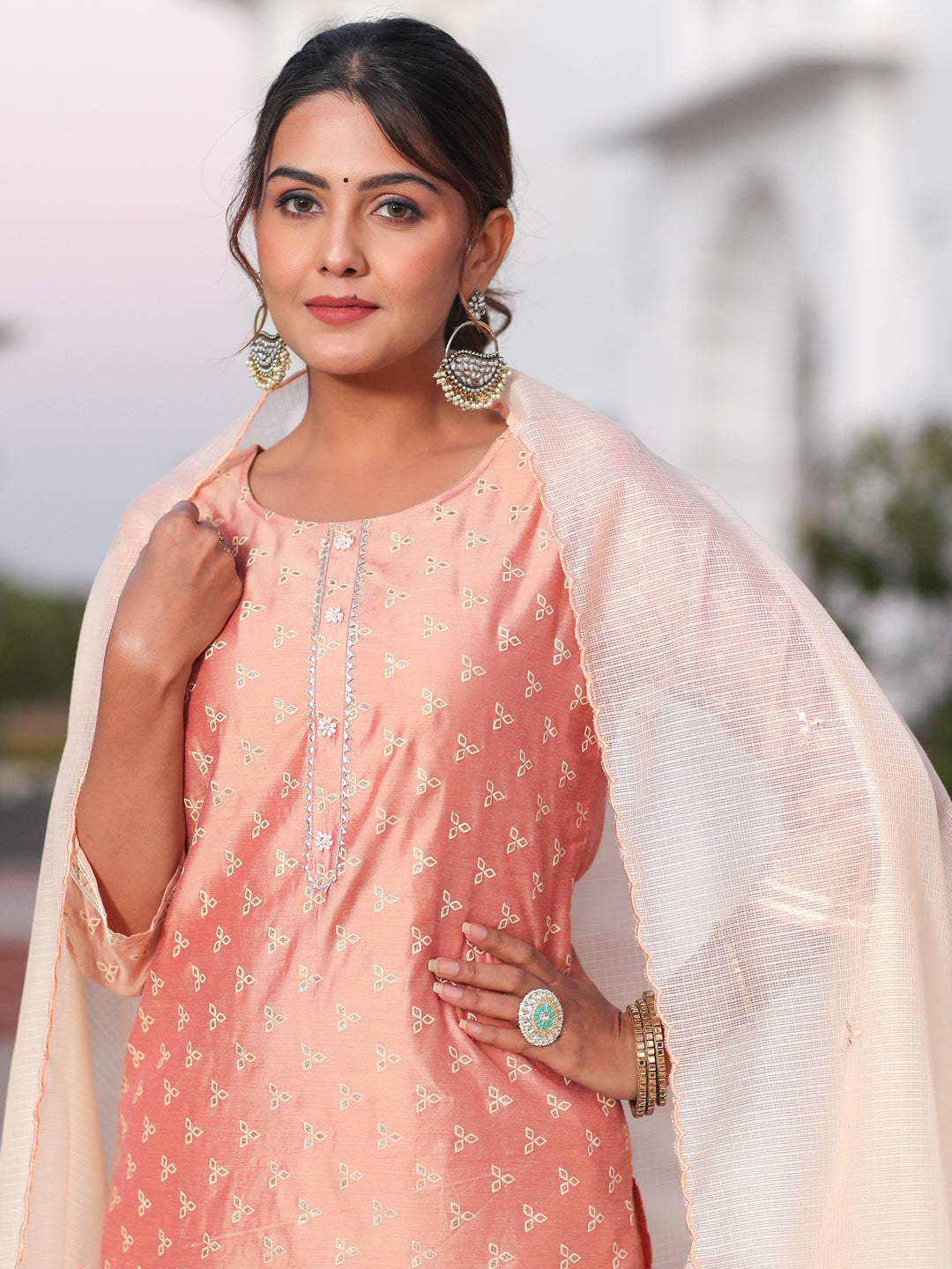 Embossed Gold Print Embellished Chanderi Kurta With Trousers And Kota Tissue Dupatta