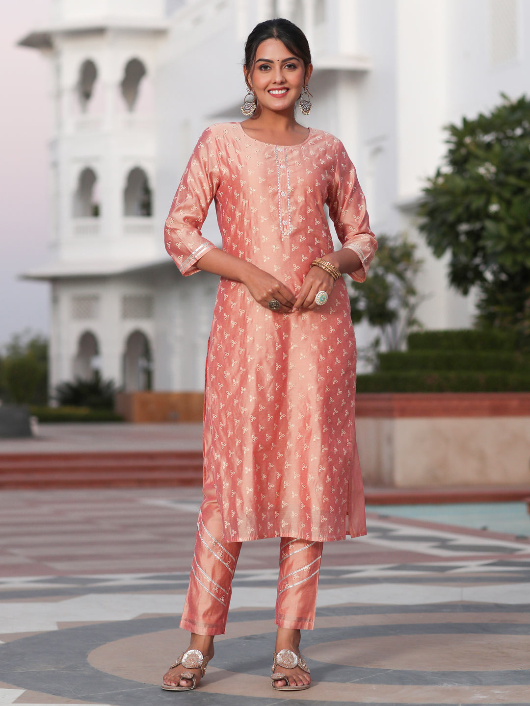 Embossed Gold Print Embellished Chanderi Kurta With Trousers And Kota Tissue Dupatta