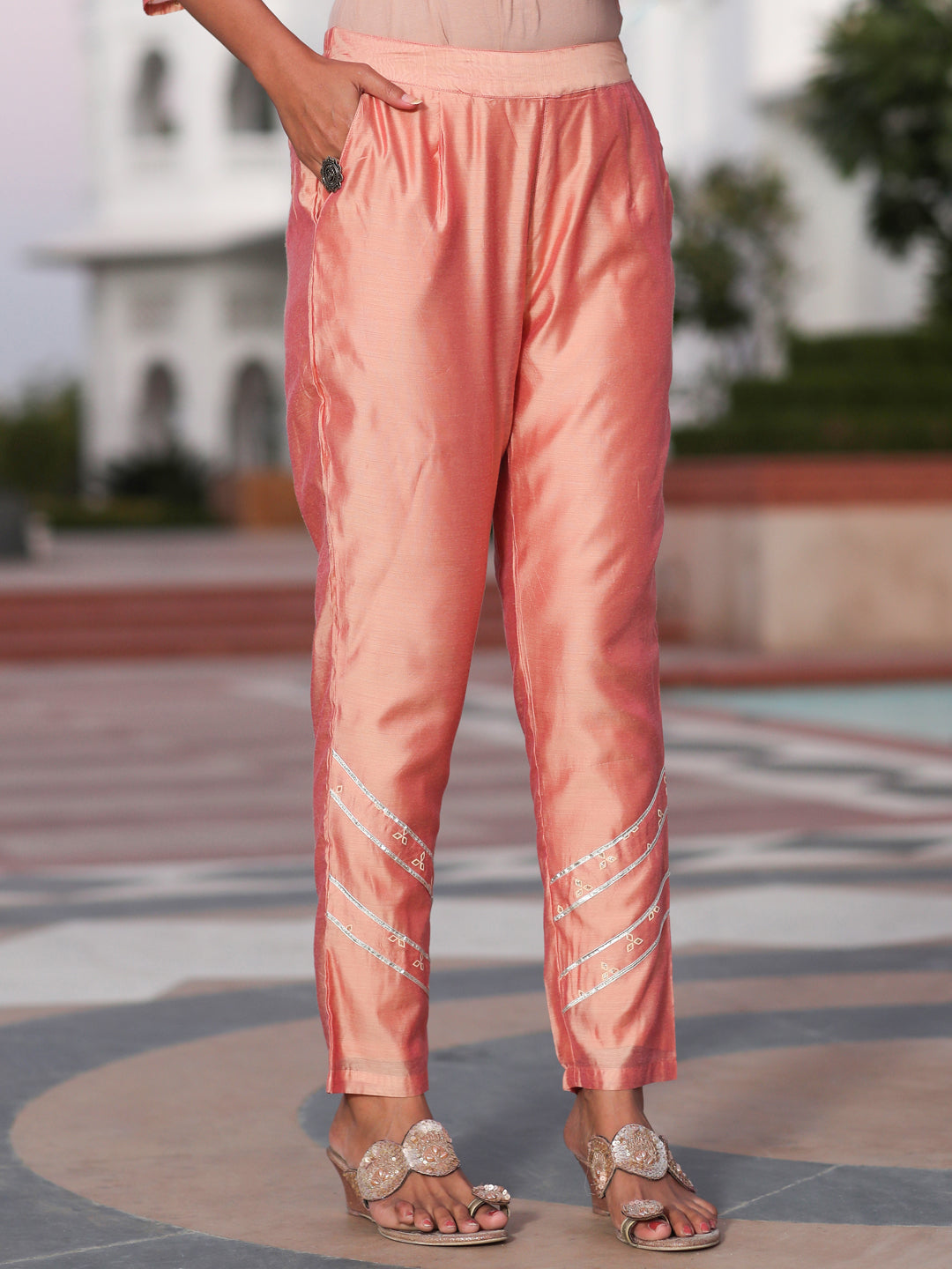 Embossed Gold Print Embellished Chanderi Kurta With Trousers And Kota Tissue Dupatta