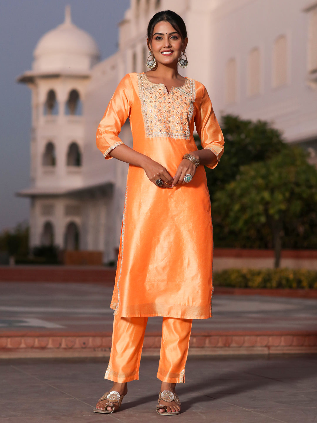 Orange Chanderi Embroidered Kurta With Trousers And Chiffon Dupatta