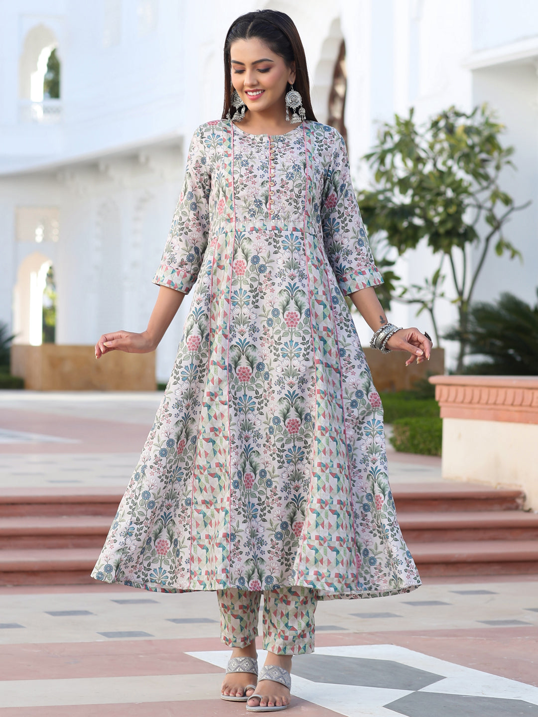 Beige Color Poly Slub Embellished A-Line Kurta With Pants