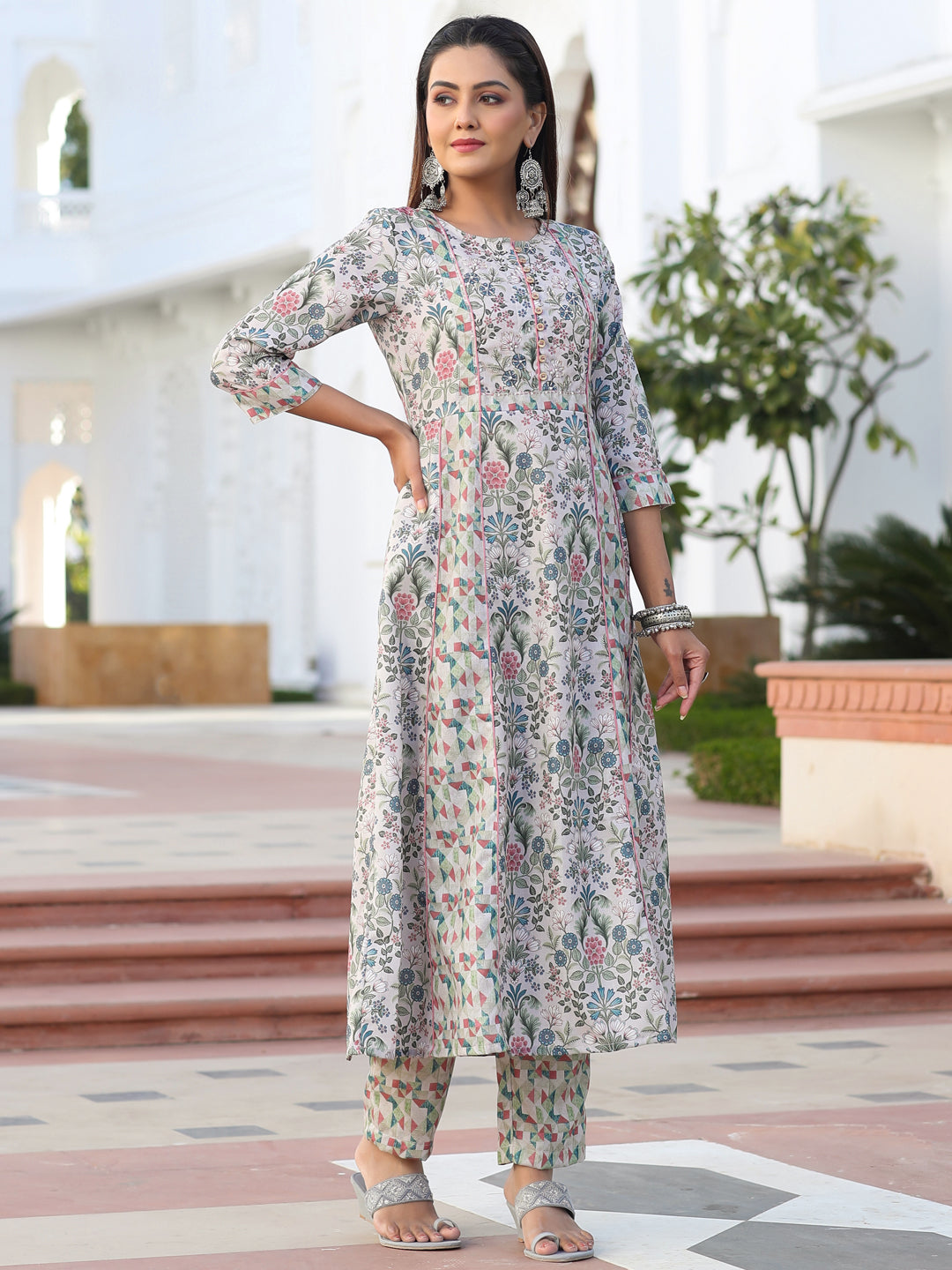 Beige Color Poly Slub Embellished A-Line Kurta With Pants