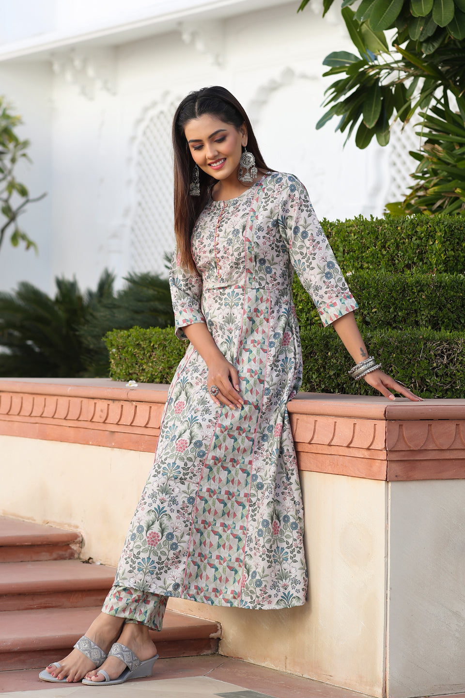 Beige Color Poly Slub Embellished A-Line Kurta With Pants