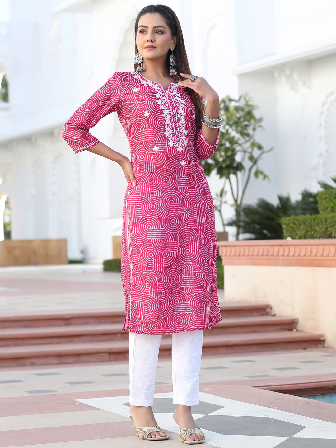 Red Mirror Work Embroidered Muslin Straight Kurta With White Cotton Straight Fit Tousers