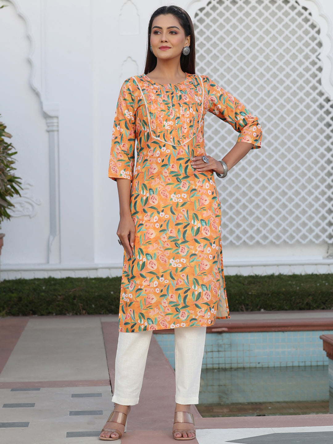 A Orange Floral Digital Print Slub Kurta With Off- White Cotton Pants