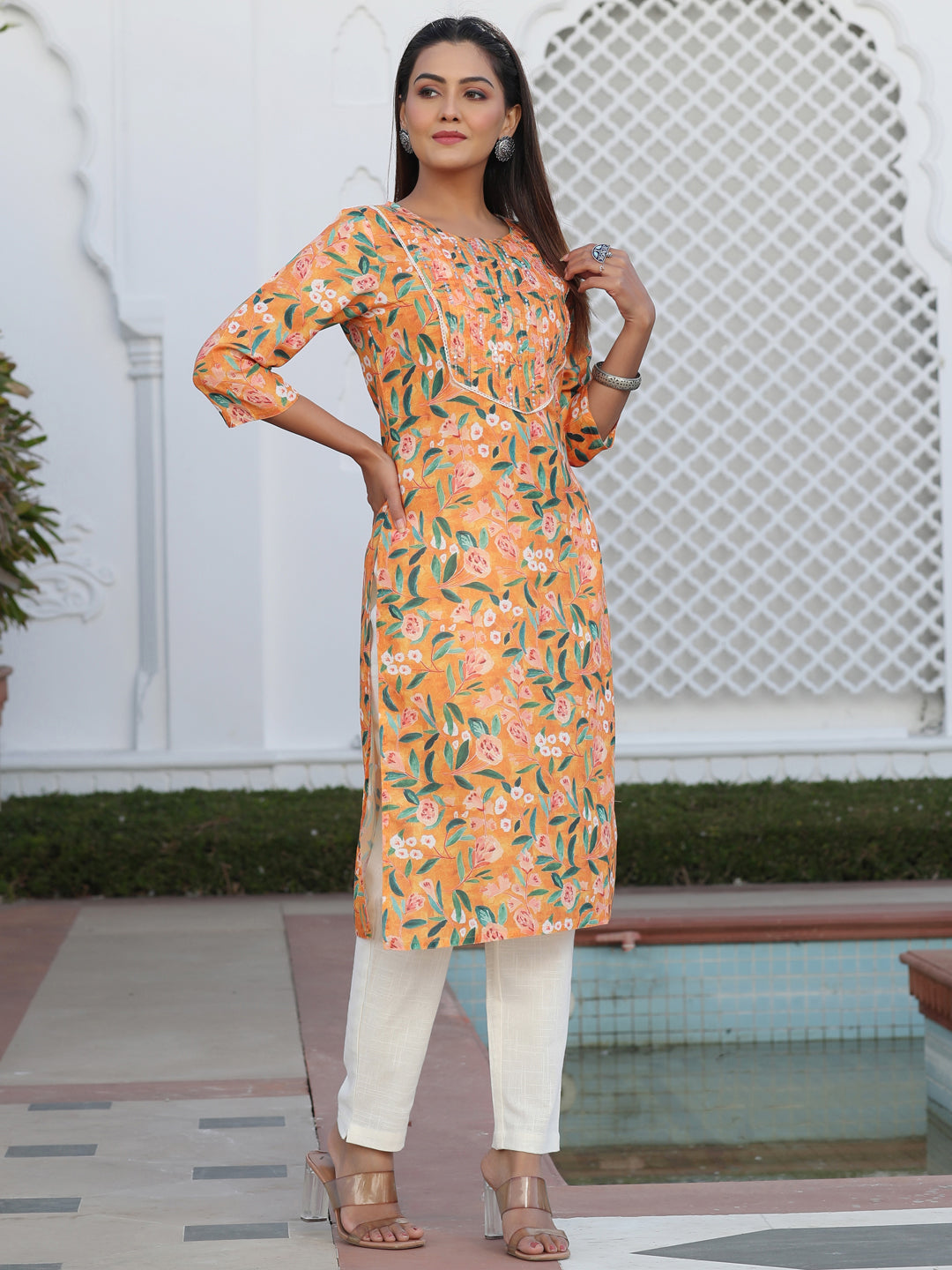 A Orange Floral Digital Print Slub Kurta With Off- White Cotton Pants