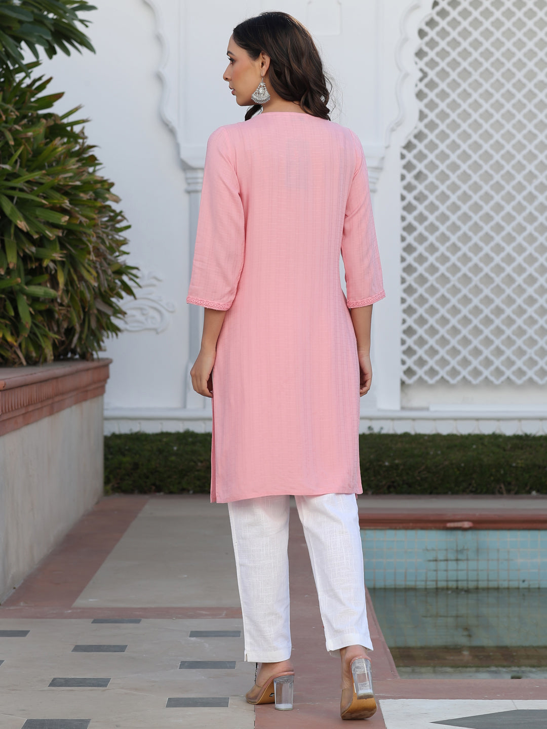 Pink Self Weave Pleated, Laced-Up And Gathered Short Kurta With Tasseles, White Cotton Straight Fit Tousers