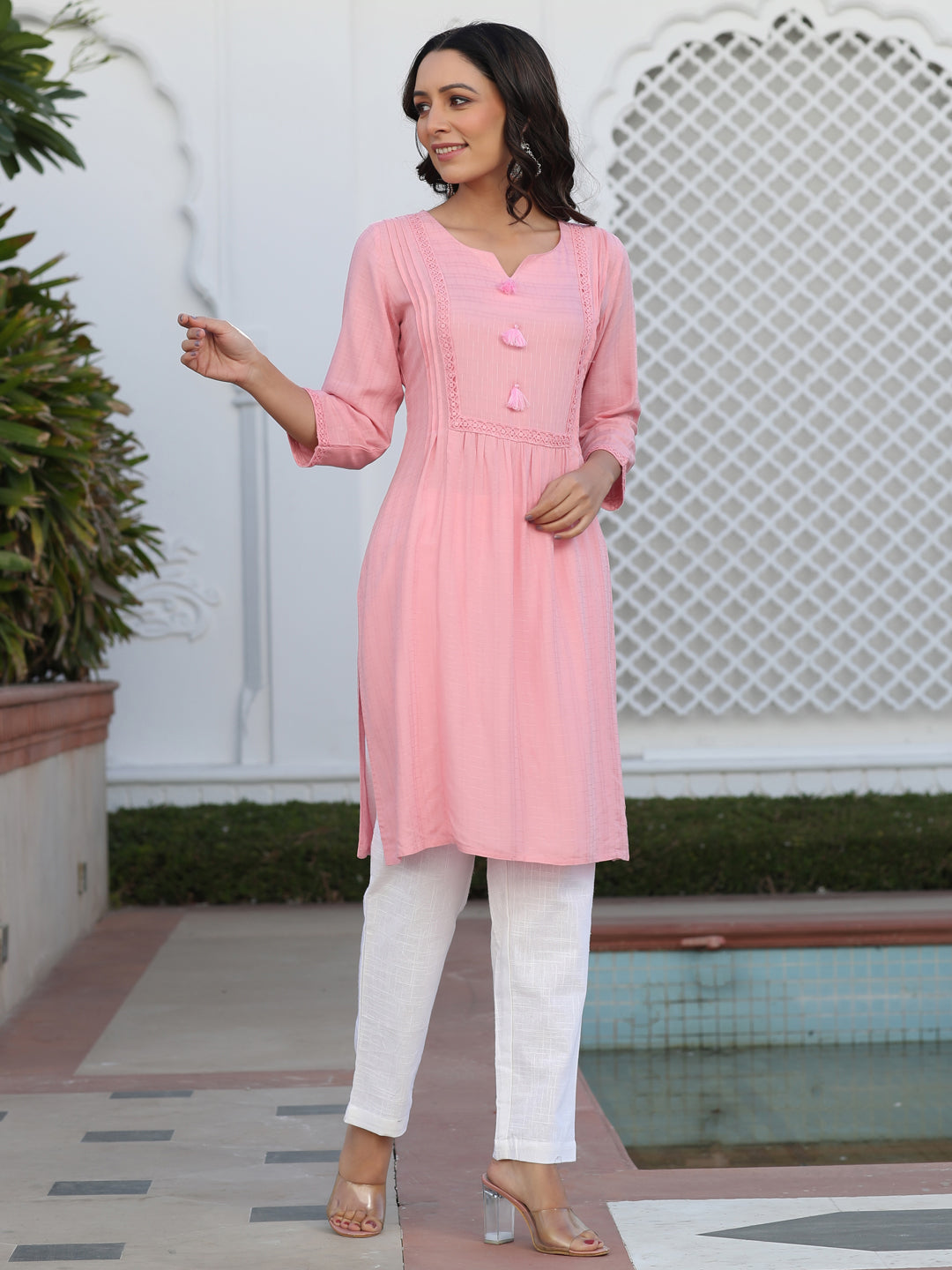 Pink Self Weave Pleated, Laced-Up And Gathered Short Kurta With Tasseles, White Cotton Straight Fit Tousers