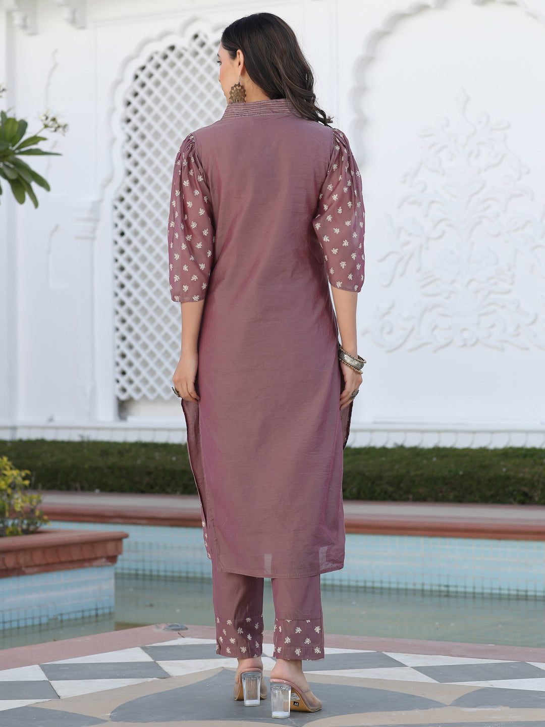 Embossed Gold Print Puffed Sleeves Chanderi Kurta With Trousers