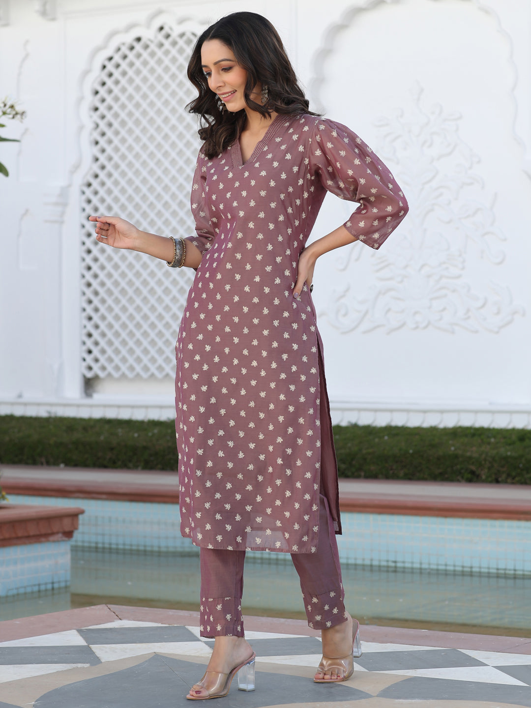 Embossed Gold Print Puffed Sleeves Chanderi Kurta With Trousers