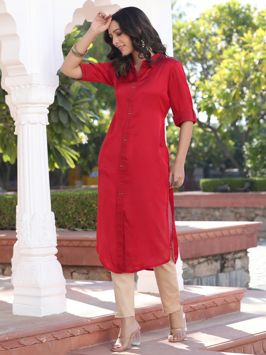 Red Silk Fabric Embellished Shirt With Roll-Up Elbow Sleeves