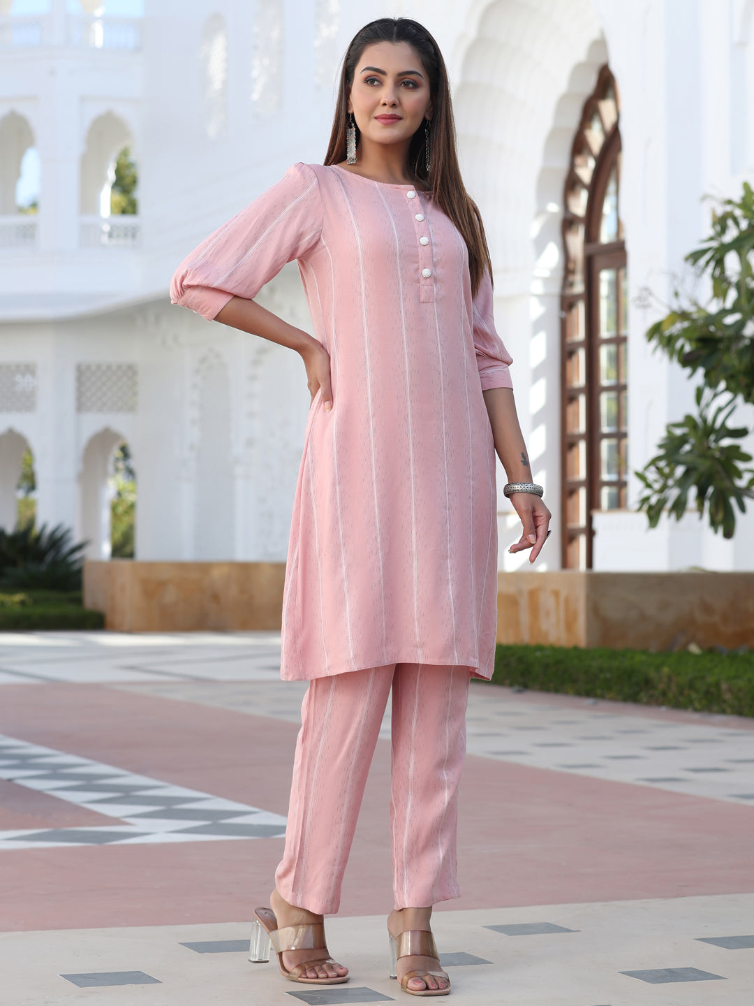 Pink Self Weave Yarn Dyed Rayon Co-Ord Set With Pearl Embellished Back Slit Kurta And Pants