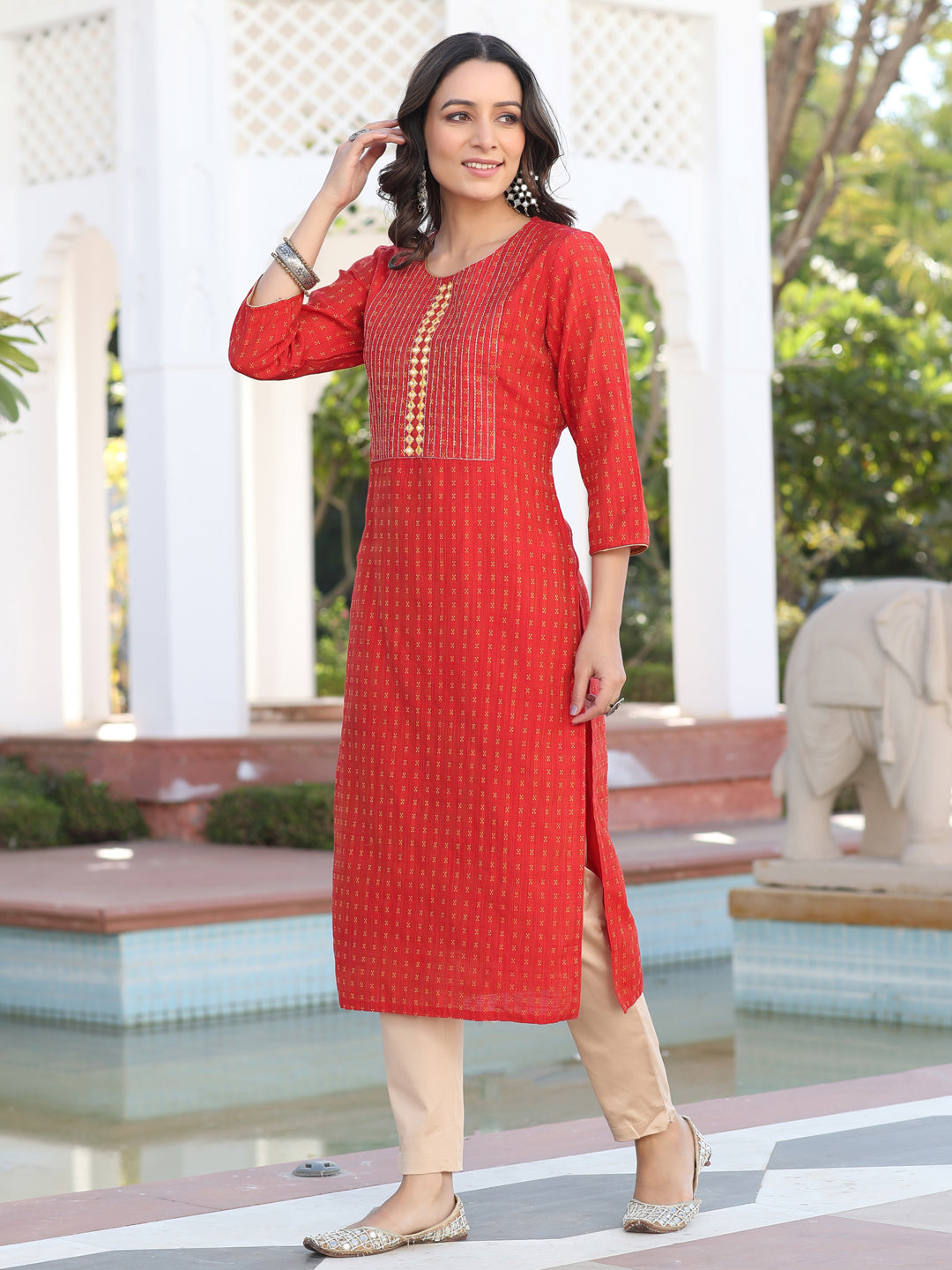 Red Yarn Dyed Self Weave Chanderi Embroidered Straight Kurta