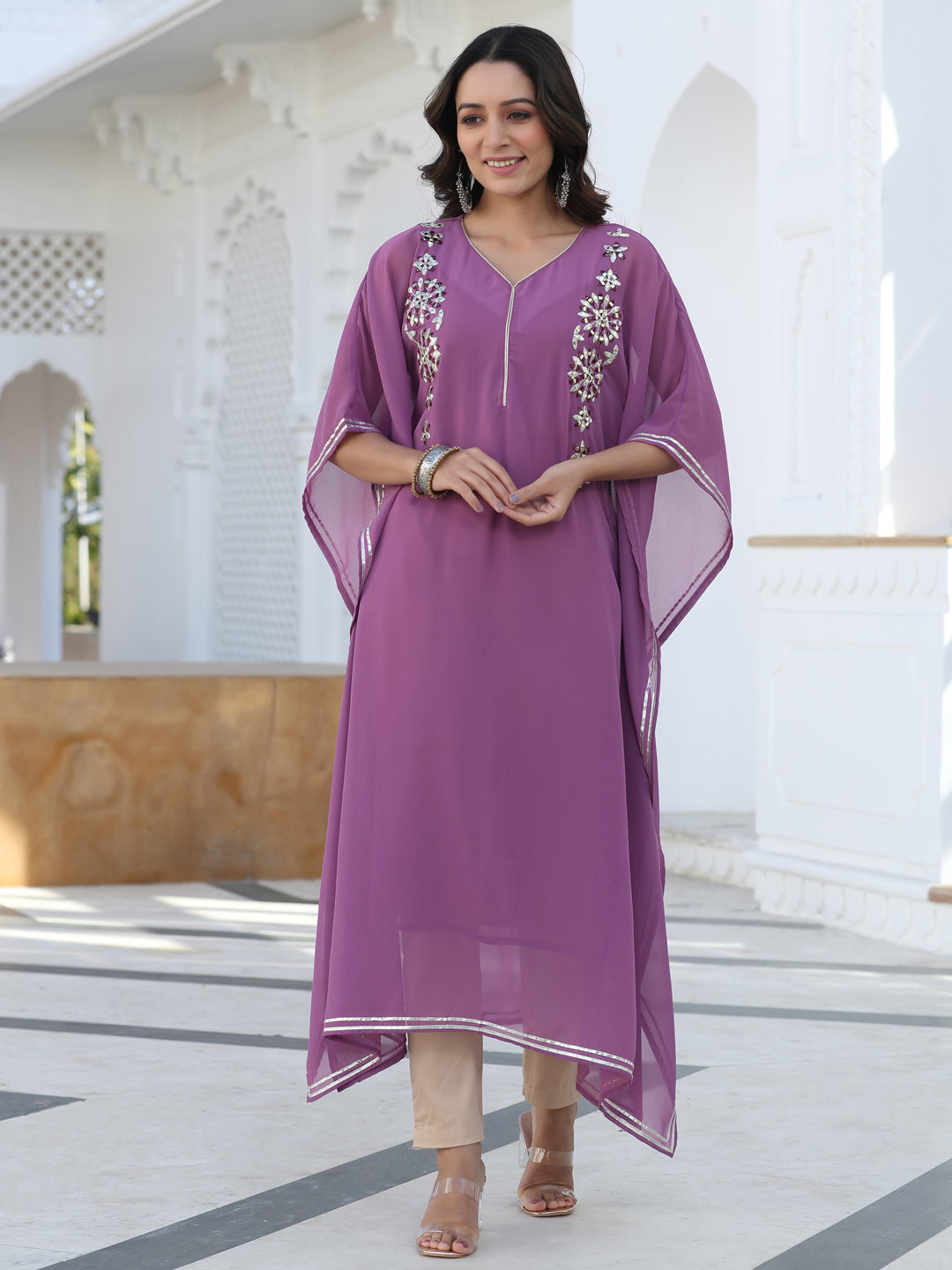 Purple Georgette Mirror Work Gota Embellished Kaftan