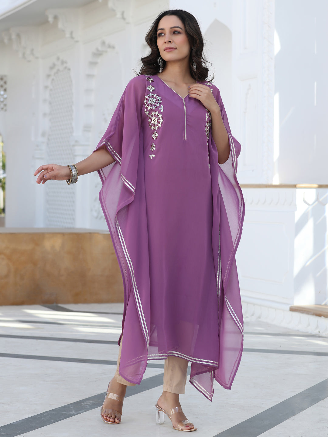 Purple Georgette Mirror Work Gota Embellished Kaftan