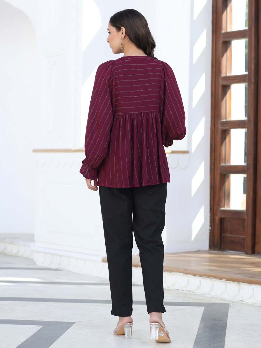 A Maroon Self Weave Rayon Lurex Gathered Top With Elasticated Gathered Sleeves With Black Pants