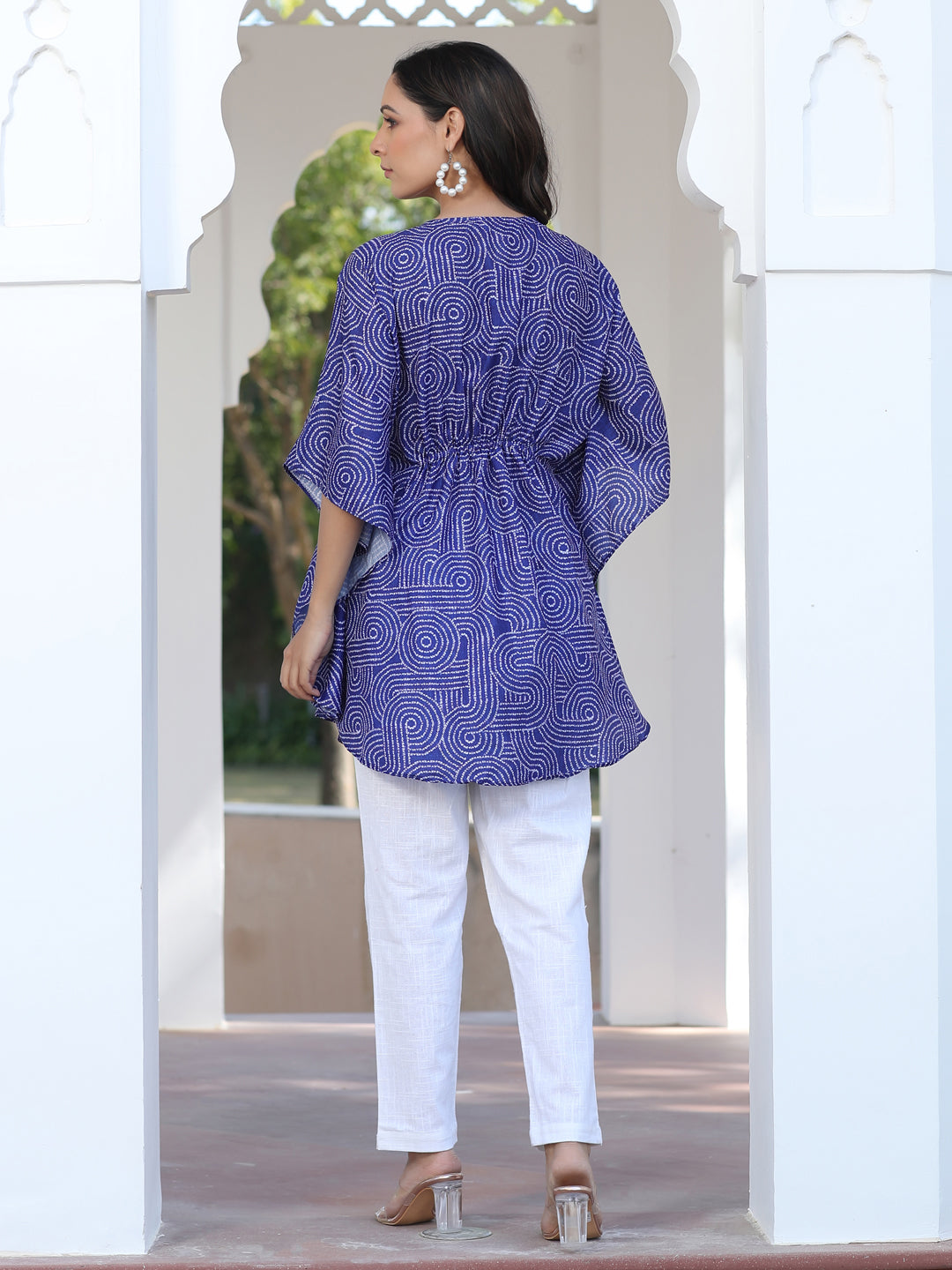 Blue Embroidered Broach Belt Printed Muslin Kaftan Top
