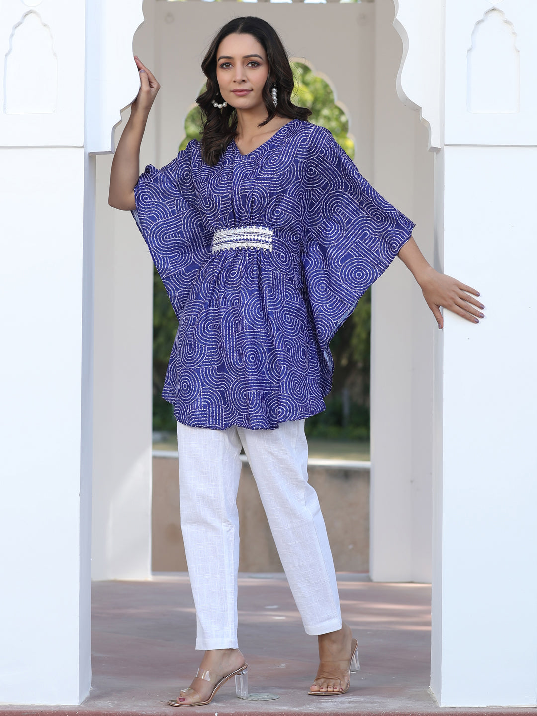 Blue Embroidered Broach Belt Printed Muslin Kaftan Top With White Cotton Straight Fit Trousers