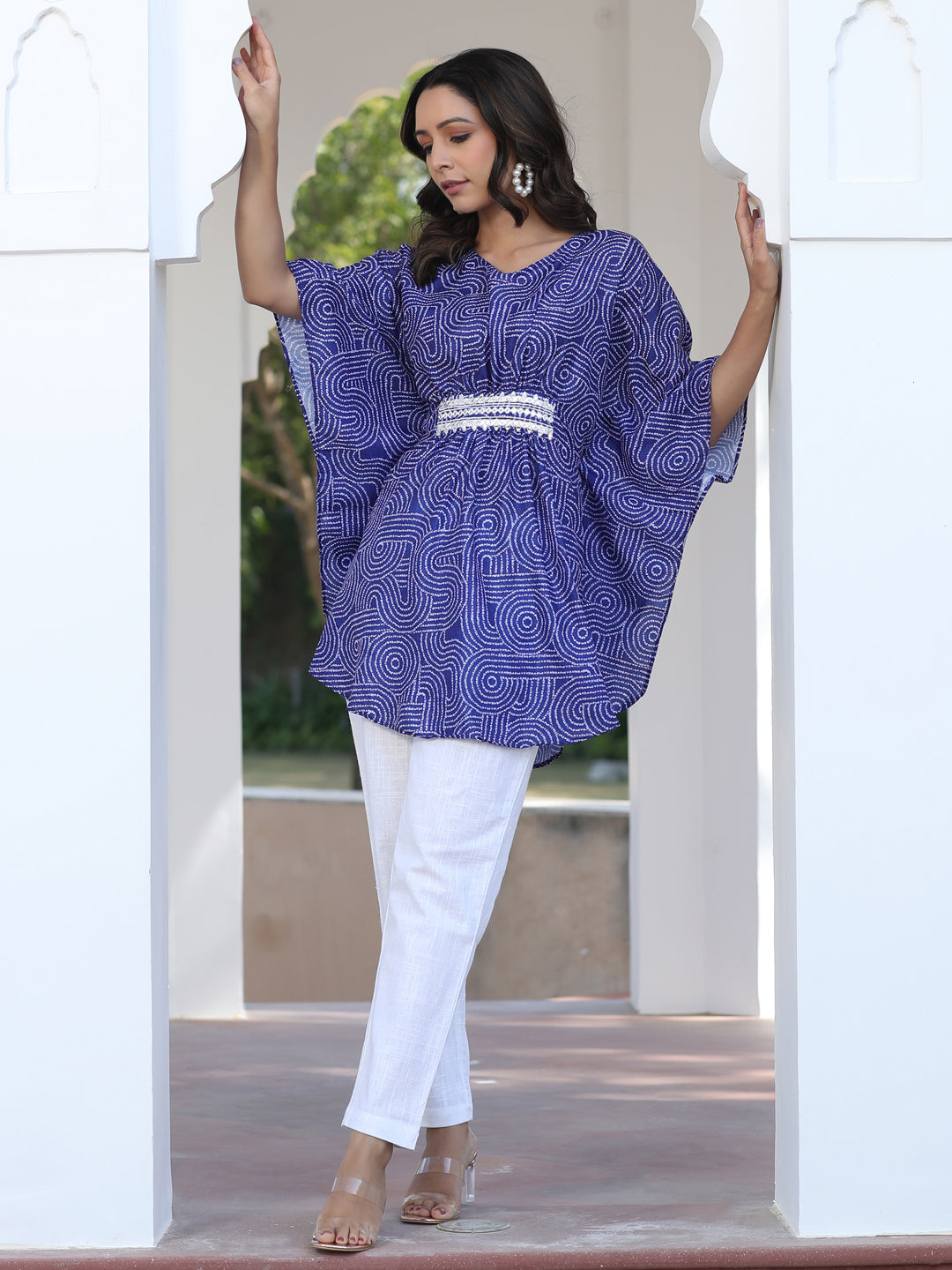 Blue Embroidered Broach Belt Printed Muslin Kaftan Top With White Cotton Straight Fit Trousers
