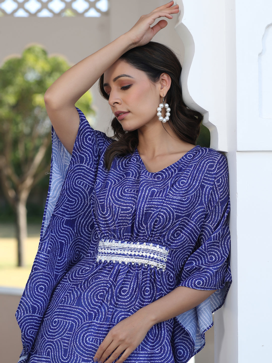 Blue Embroidered Broach Belt Printed Muslin Kaftan Top With White Cotton Straight Fit Trousers