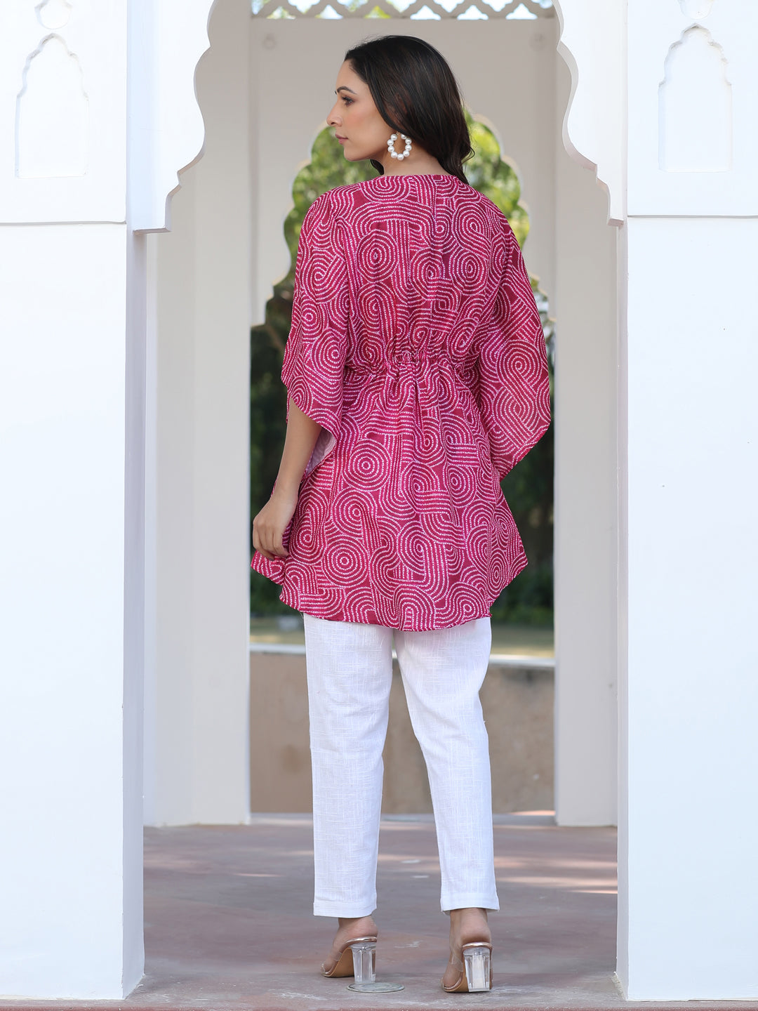 Red Embroidered Broach Belt Printed Muslin Kaftan Top